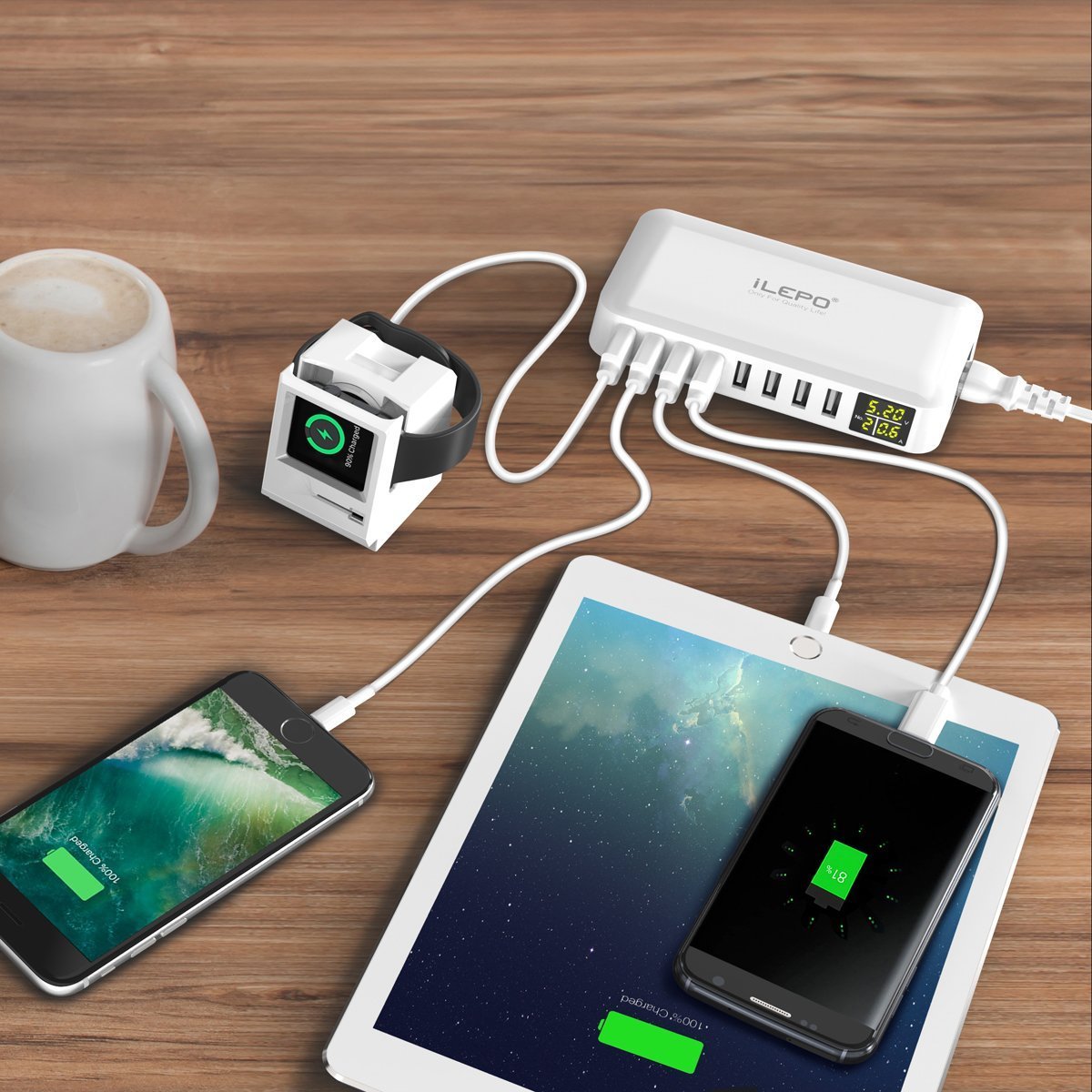 iLepo 8-Port USB Charging Station with LED Display - Fast Desktop Wall Charger for Multiple Devices (Laptops, Tablets, Phones) | Perfect for Home, Office & Travel Use