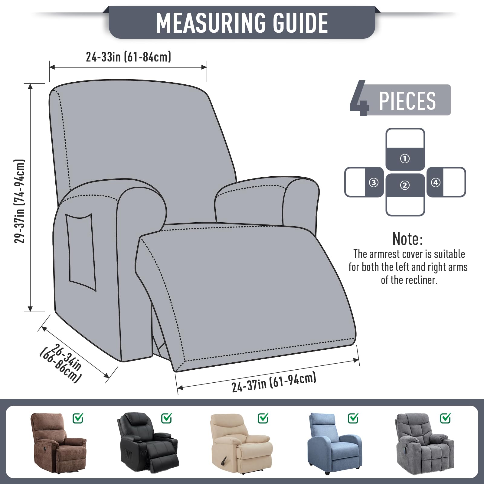 TAOCOCO 4-Piece Stretch Recliner Cover Set - Soft Jacquard Pattern Slipcover for 1-Seater Sofa & Chair Protector (Grey) | Perfect for Living Room Furniture Protection & Home Decor Upgrade