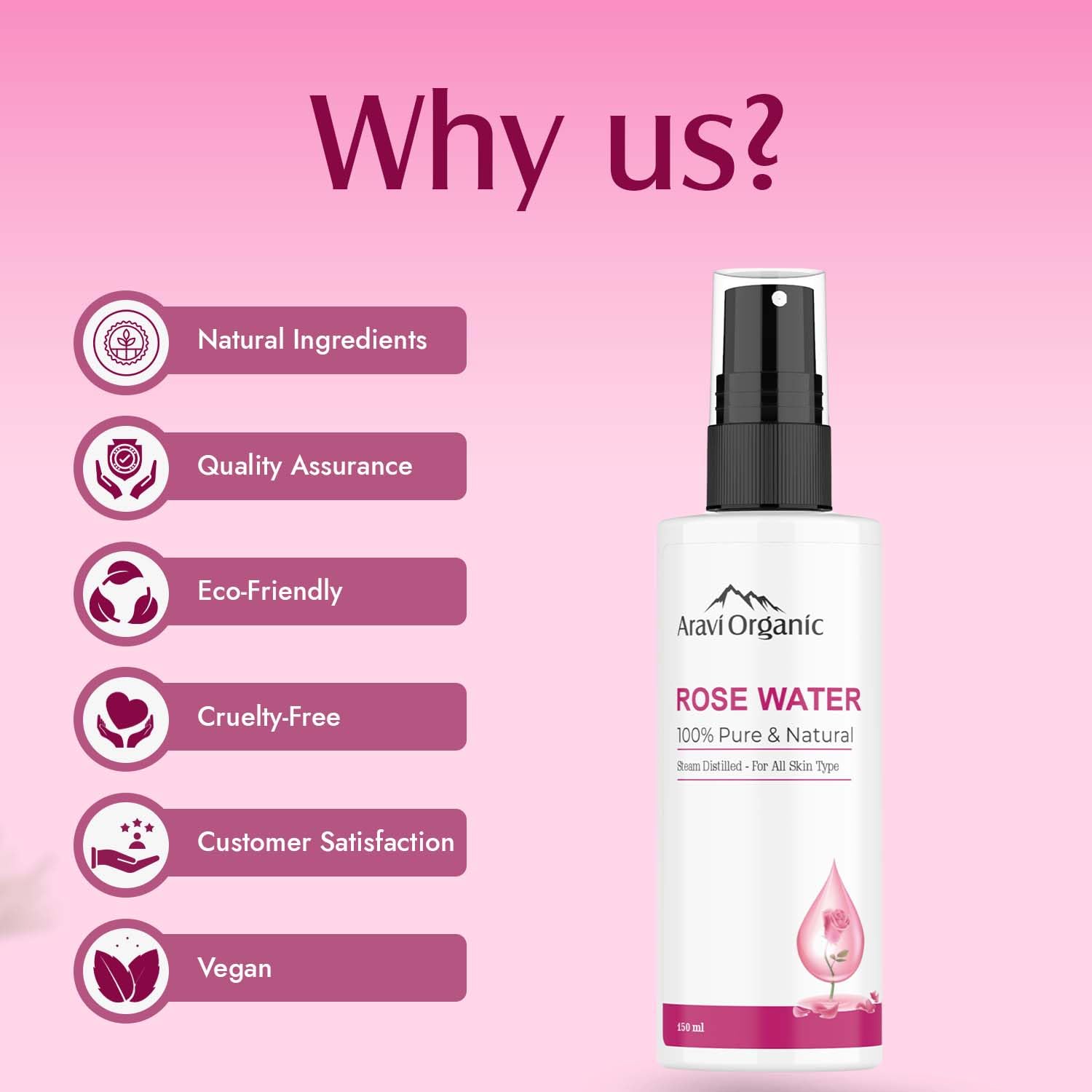 Aravi Organic Pure & Natural Rose Water Face & Hair Toner - Steam Distilled Hydrating Facial Spray for Dry Skin - 150ml - Perfect for Daily Skincare Routine, Makeup Setting & Hair Refreshment