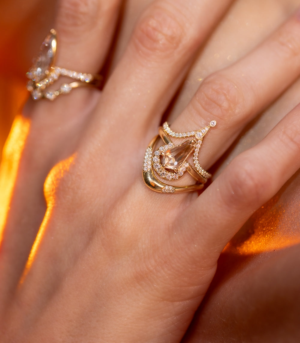 Aura Crescent Champagne Kite Diamond Ring - Elegant 14K Gold Engagement Ring for Women, Unique Vintage Style Wedding Band, Perfect for Proposals, Anniversaries & Special Occasions