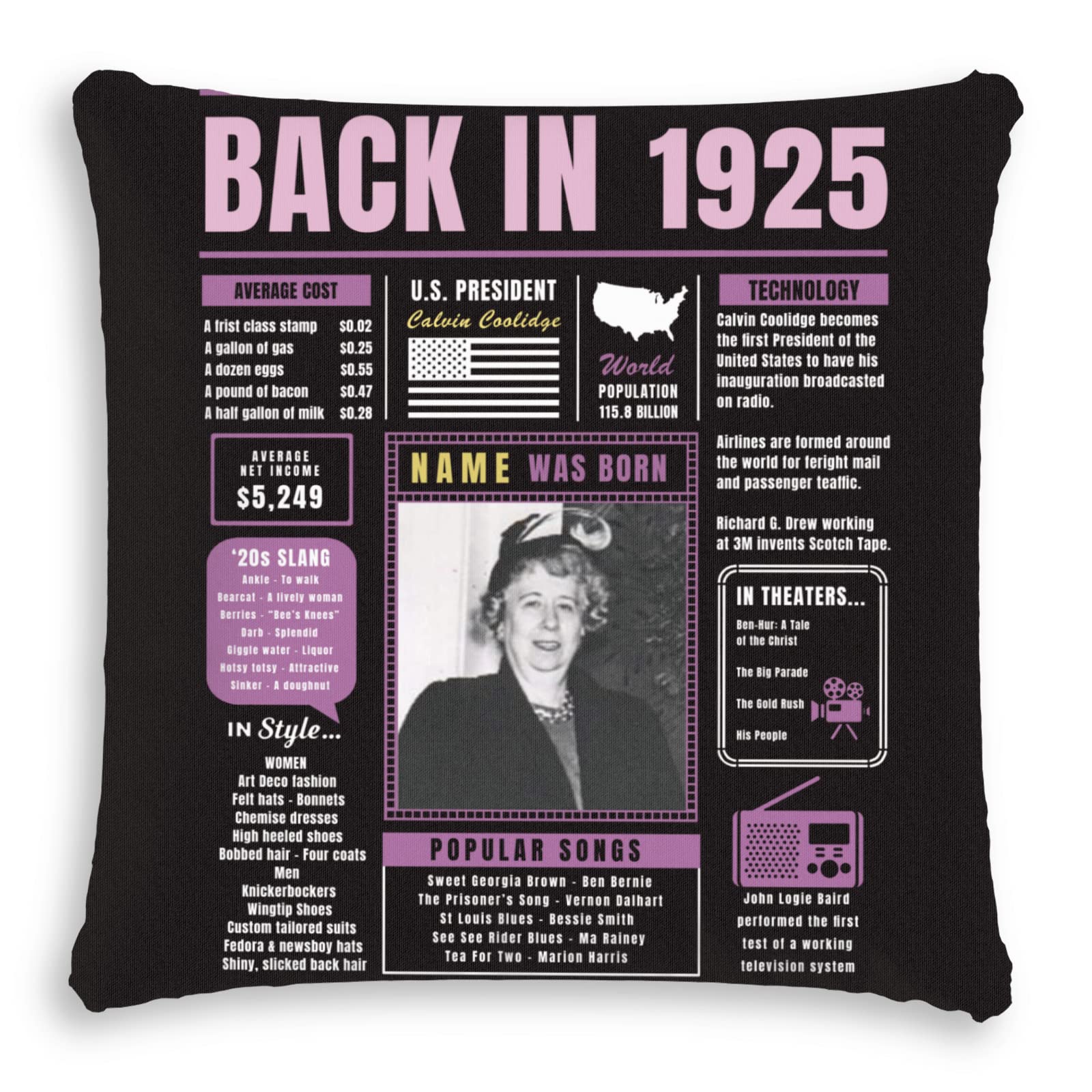1925 Vintage Purple 99th Birthday Throw Pillow - Ultra Soft Custom Sofa Pillowcase for Women & Men, Unique 99 Year Old Birthday Gift Idea - Perfect for Birthday Party Decorations, Home Decor & Anniversary Celebrations