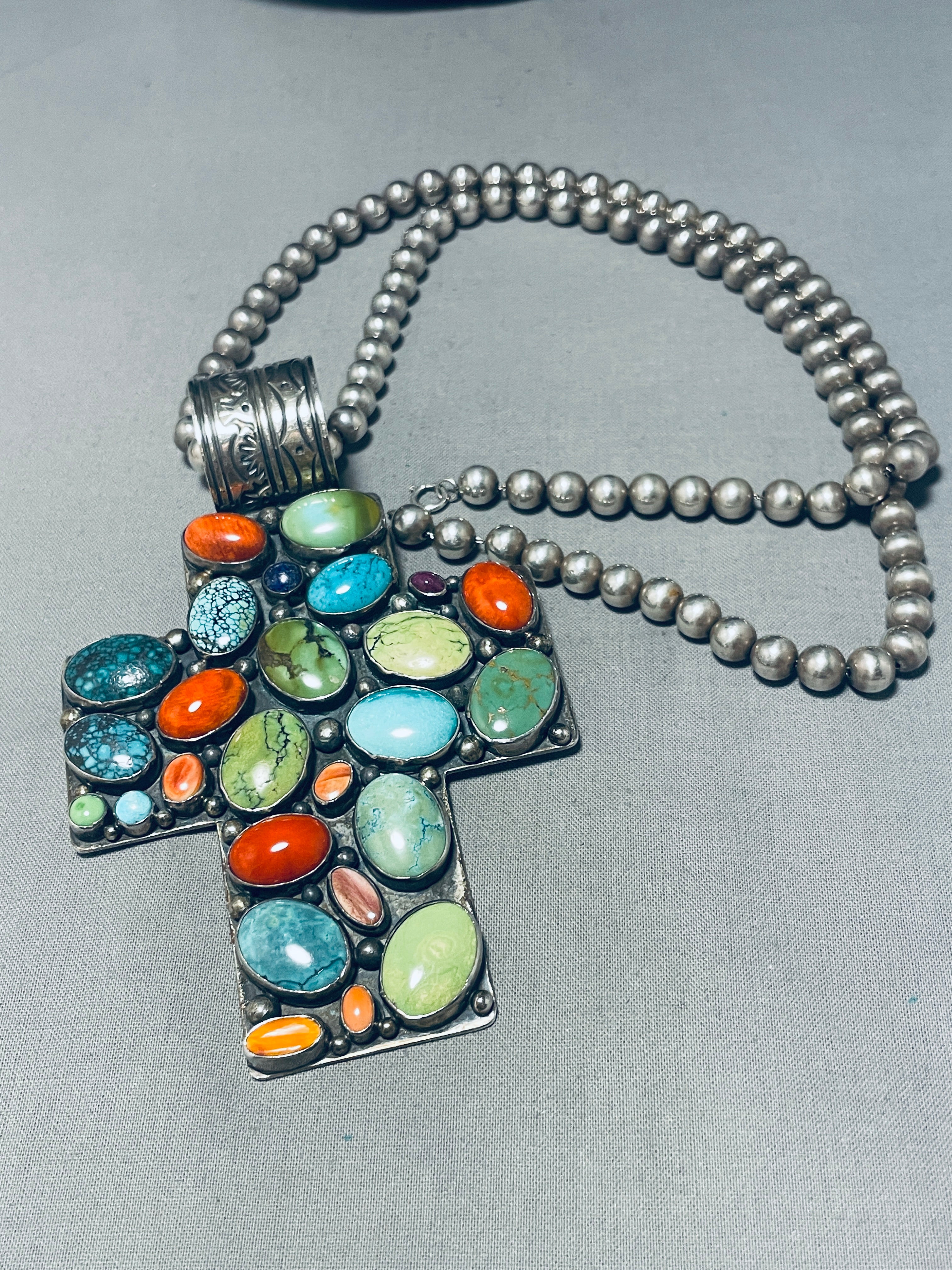 131 Grams Vintage Native American Navajo Turquoise Sterling Silver Cross Necklace - Handmade Southwest Jewelry for Women - Perfect for Boho Fashion, Gift Giving & Special Occasions
