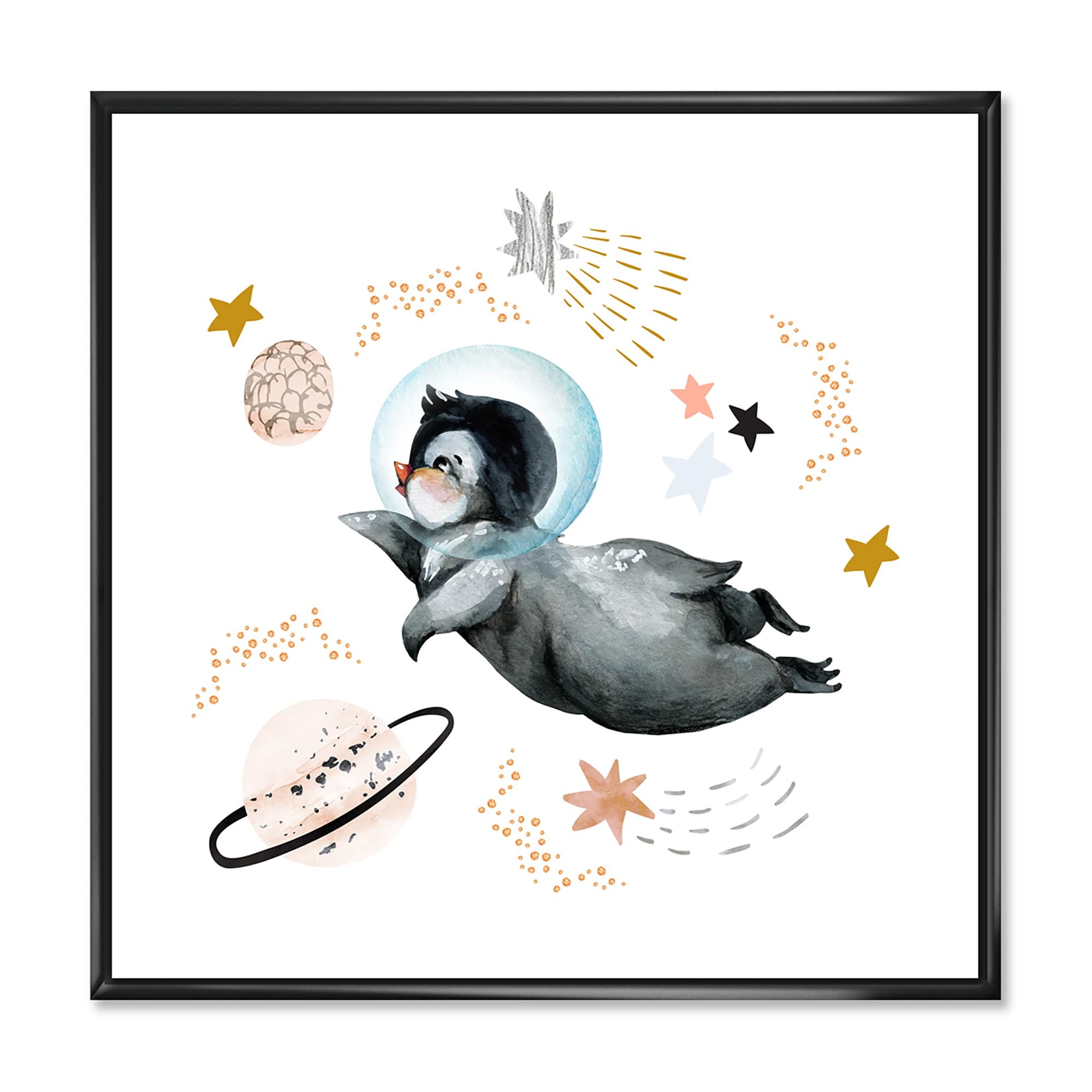 DesignQ Little Penguin Flying Stars and Planets II - Farmhouse Framed Canvas Wall Art Print - Nursery Decor, Kids Room Wall Art, Living Room Decoration