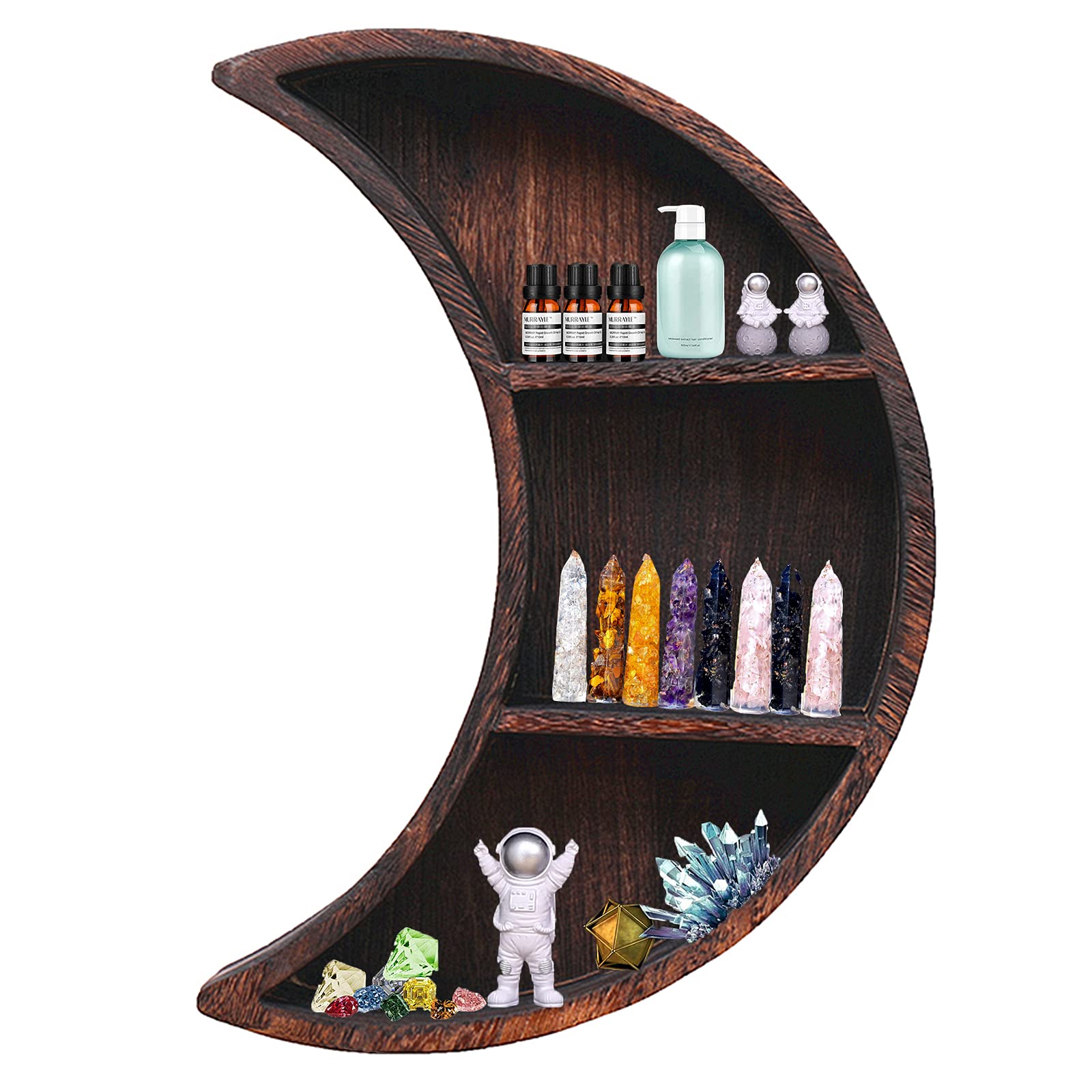 Moon Shelf Wall Decor - Reversible Wooden Essential Oil Shelf & Crystal Jewelry Holder, Floating Shelves for Bedroom, Bathroom, Living Room - Burnt Color Modern Home Organization & Display Solution