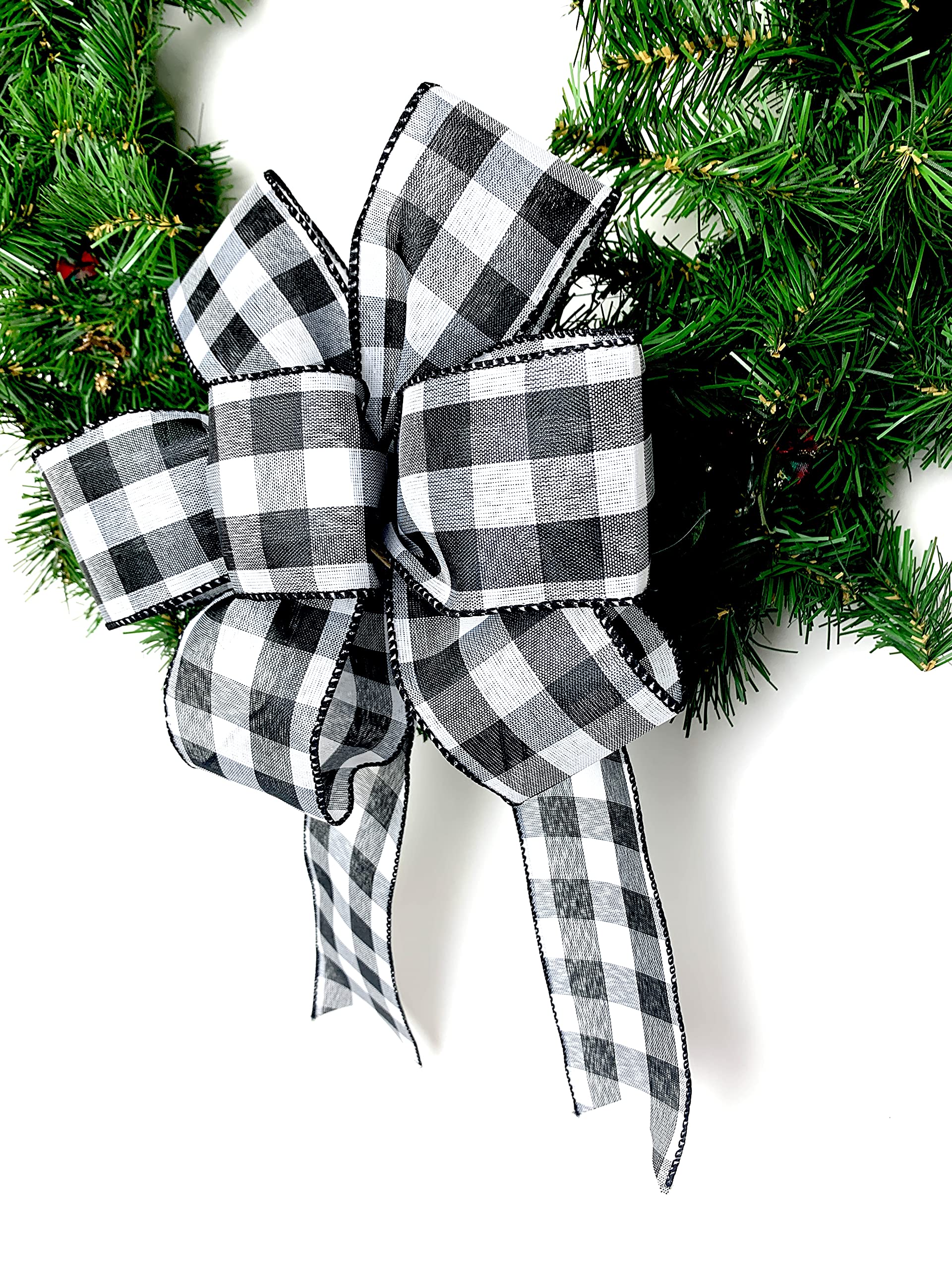 3 Pack Buffalo Plaid Black and White Wreath Bows - Large Christmas Gift Bows for Holiday Decor, Country Garland, Lantern & Swag Decorations - Perfect for Christmas Tree, Mantel & Front Door Decor