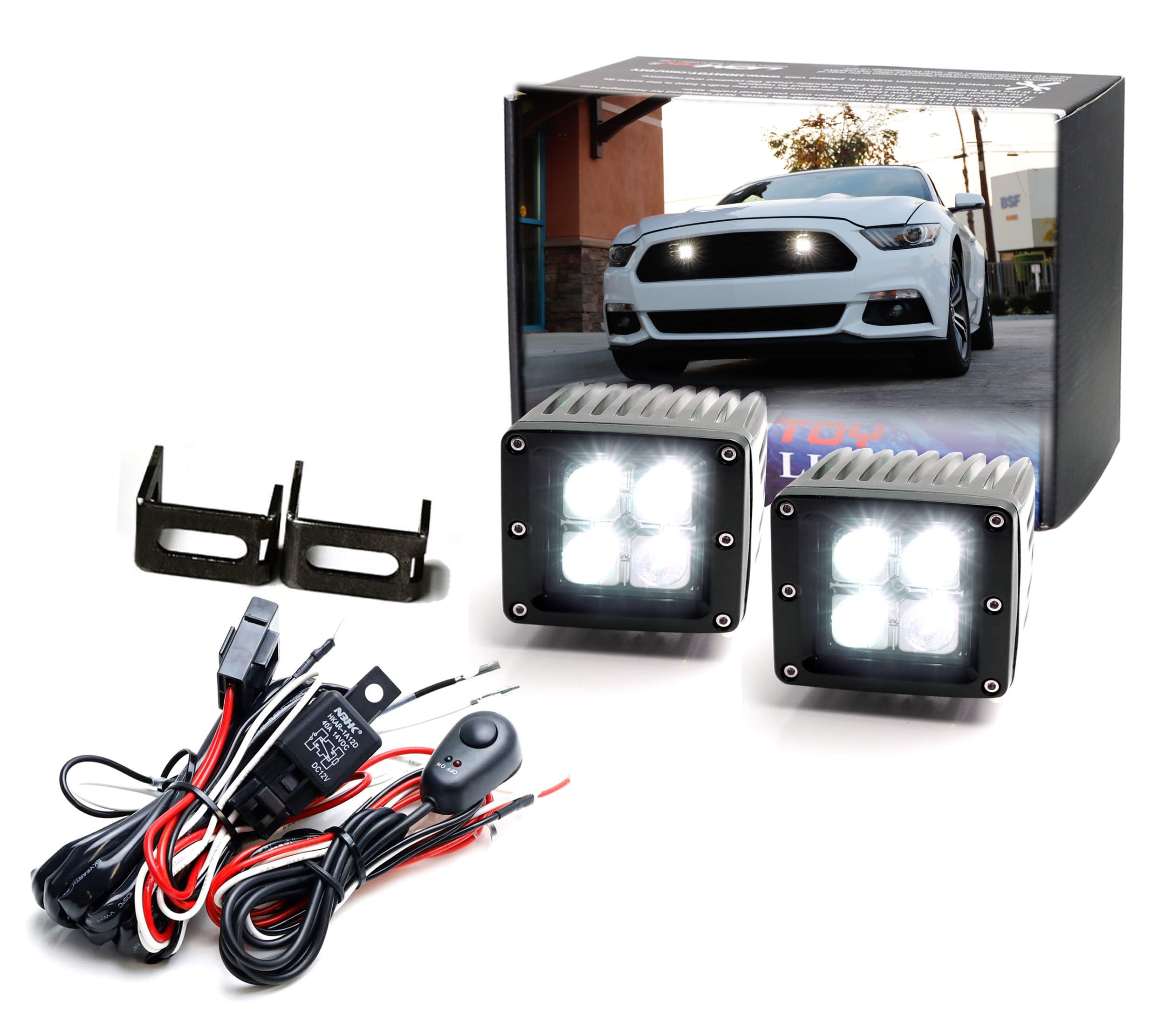 iJDMTOY 40W LED Pod Light Kit for 2015-2017 Ford Mustang - 2 High Power LED Lights with Grille Mount Brackets & Wiring Switch - Perfect for Off-Road, Night Driving & Emergency Lighting