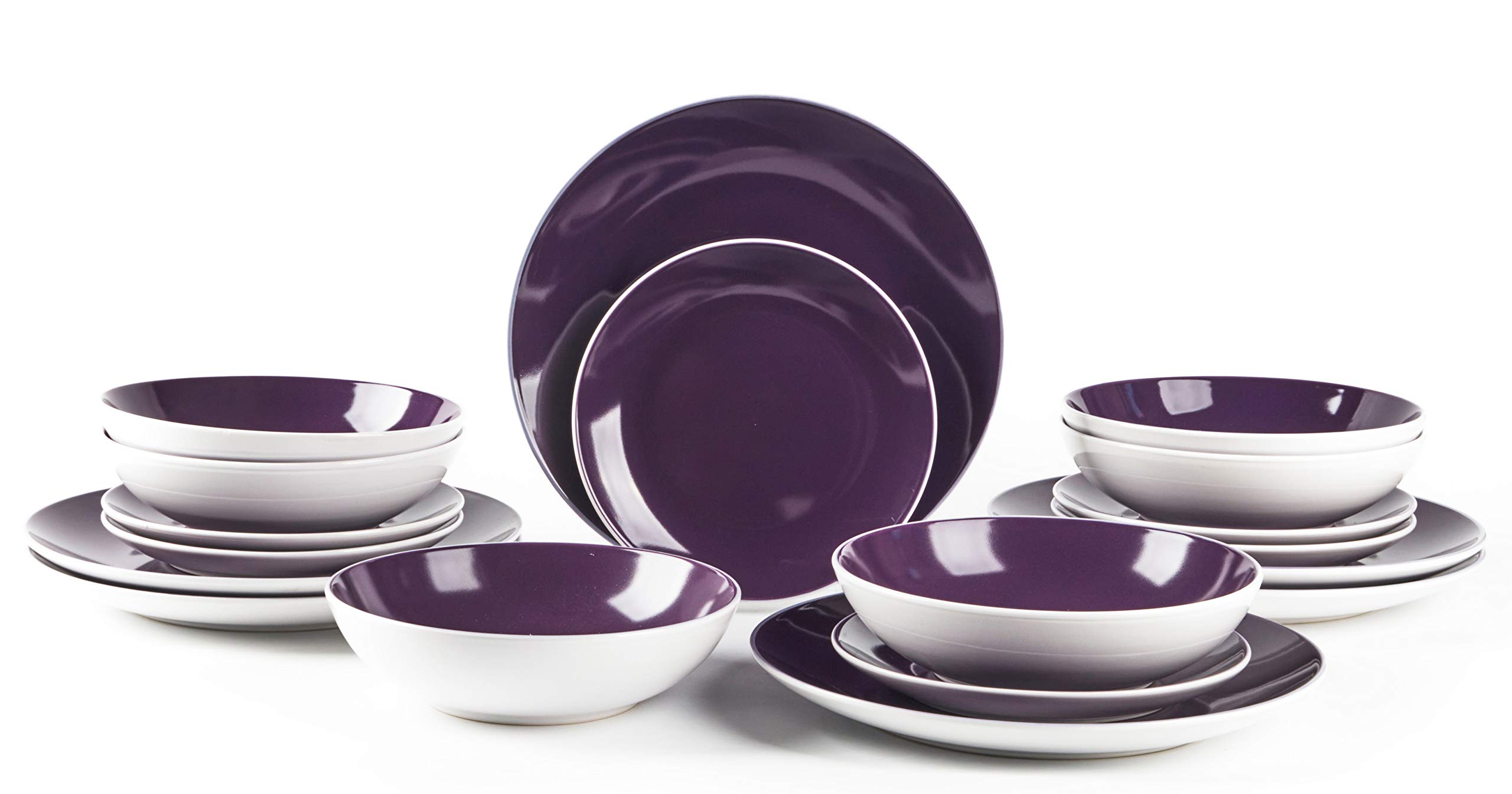 18-Piece Stoneware Coupe Dinnerware Set - White Exterior & Violet Interior - Elegant Tableware for Everyday Dining, Dinner Parties & Special Occasions