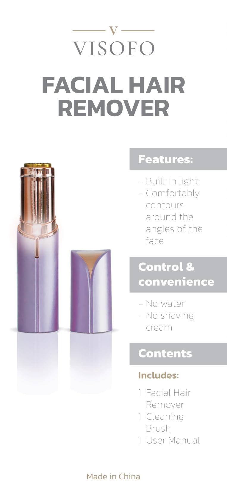 VISOFO Electric Facial Hair Remover for Women - Painless Dermaplaning Tool, Epilator & Trimmer for Upper Lip, Eyebrows & Face | Rechargeable & Portable Beauty Gadget | Perfect for Travel, Home & Salon Use (Amethyst)
