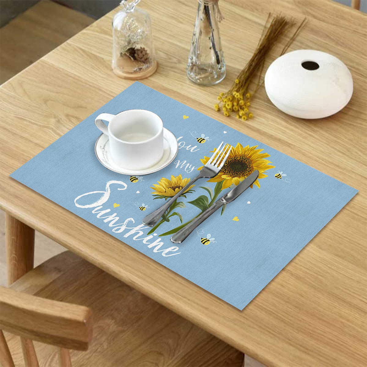 Xspring Rustic Sunflower & Bee Placemats Set of 4 - Heat Resistant Washable Burlap Table Mats for Dining, Round & Outdoor Patio Tables | You Are My Sunshine Blue Decor | Perfect for Farmhouse Kitchen, Picnics & Summer Entertaining