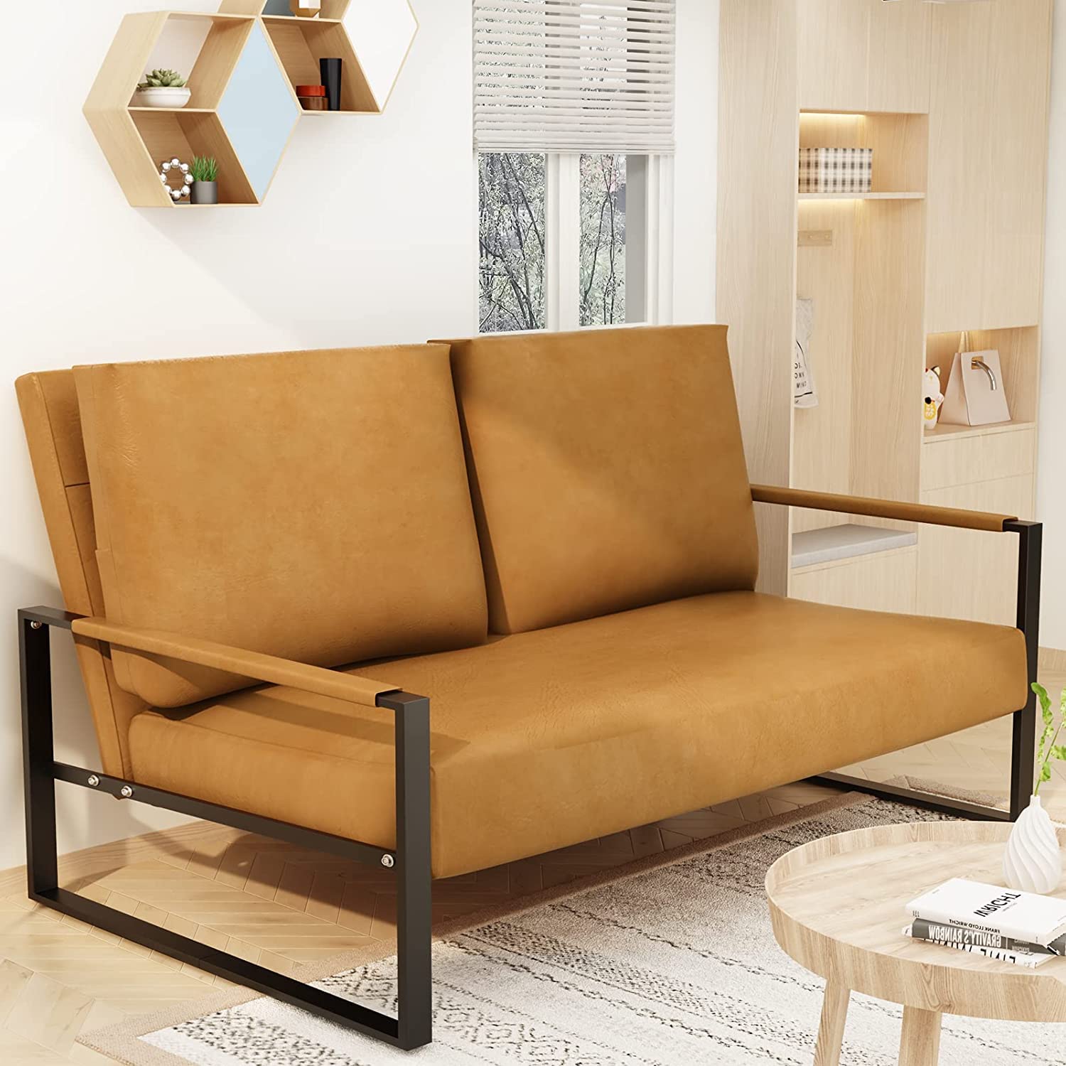 Recaceik 2-Piece Upholstered Accent Loveseat Set - Modern 2-Seater Armchair Sofa with Cushions & Anti-Scratch Foot Pads, Fabric Living Room Furniture for Small Spaces, Apartment, Dorm - Yellow