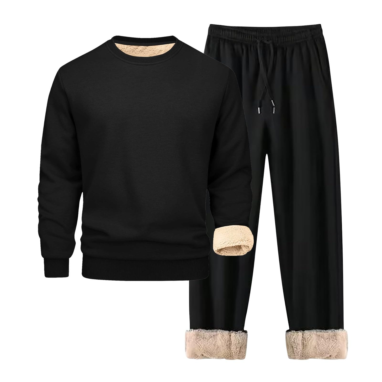 Men's Sherpa Lined 2-Piece Sweatsuit Set - Fleece Crewneck Sweatshirt & Thermal Sweatpants for Winter | Cozy Lounge Wear, Outdoor Activities & Cold Weather Comfort