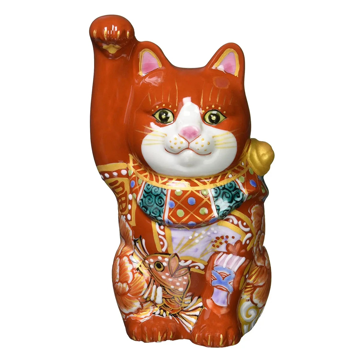 Authentic Japanese Kutani Ware Porcelain Maneki Neko Lucky Cat Figurine - Sea Bream Design, 4 Inches | Perfect for Home Decor, Office Feng Shui & Japanese Culture Collectors