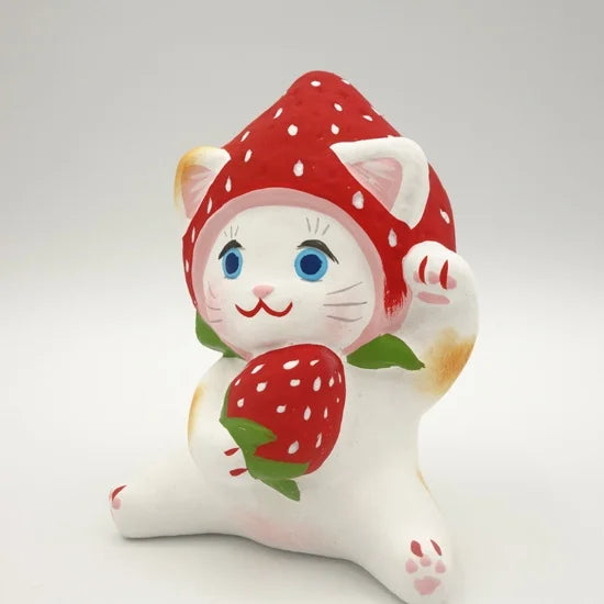 Nagahama Doll Japanese Maneki Neko (Beckoning Cat) Lucky Charm - Strawberry Design, Traditional Japanese Fortune Cat Figurine for Home Decor, Office Feng Shui & Gift Giving