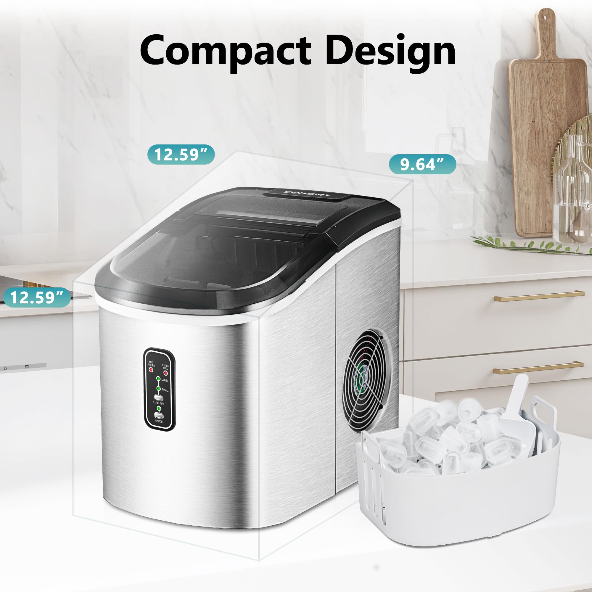 EUHOMY Portable Countertop Ice Maker - 26lbs Daily Output, 9 Ice Cubes in 8 Minutes, Self-Cleaning Smart Ice Machine with Scoop & Basket for Home, Kitchen, Office, Bar, RV (Silver) | Fast Cooling for Drinks, Parties & Outdoor Activities