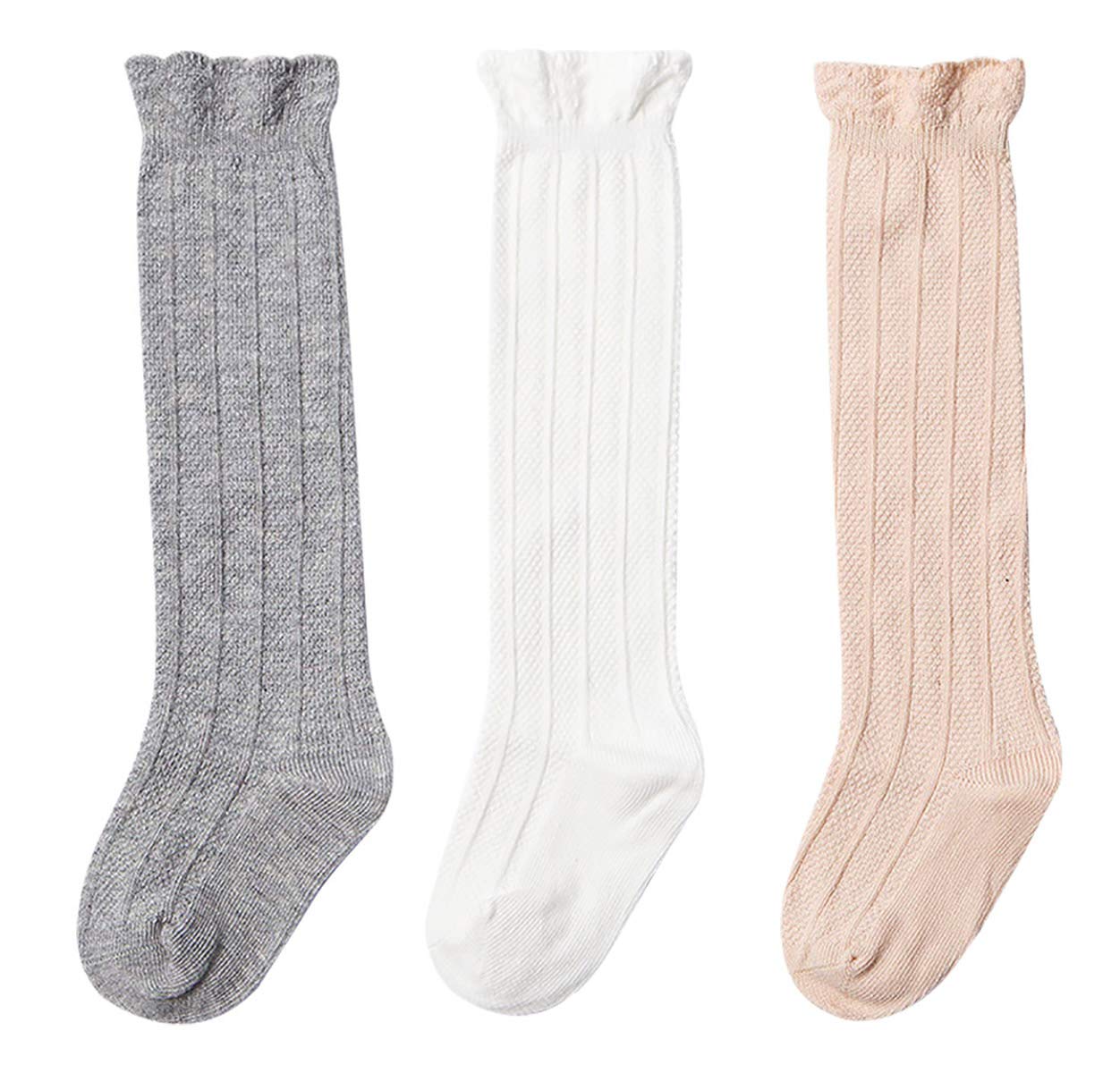Happy Cherry Knee High Socks for Baby Girls - 3 Pack Cute Ruffled Long Tube Socks - Warm & Comfortable Stockings for Toddlers - Perfect for Winter, Holidays & Photo Shoots
