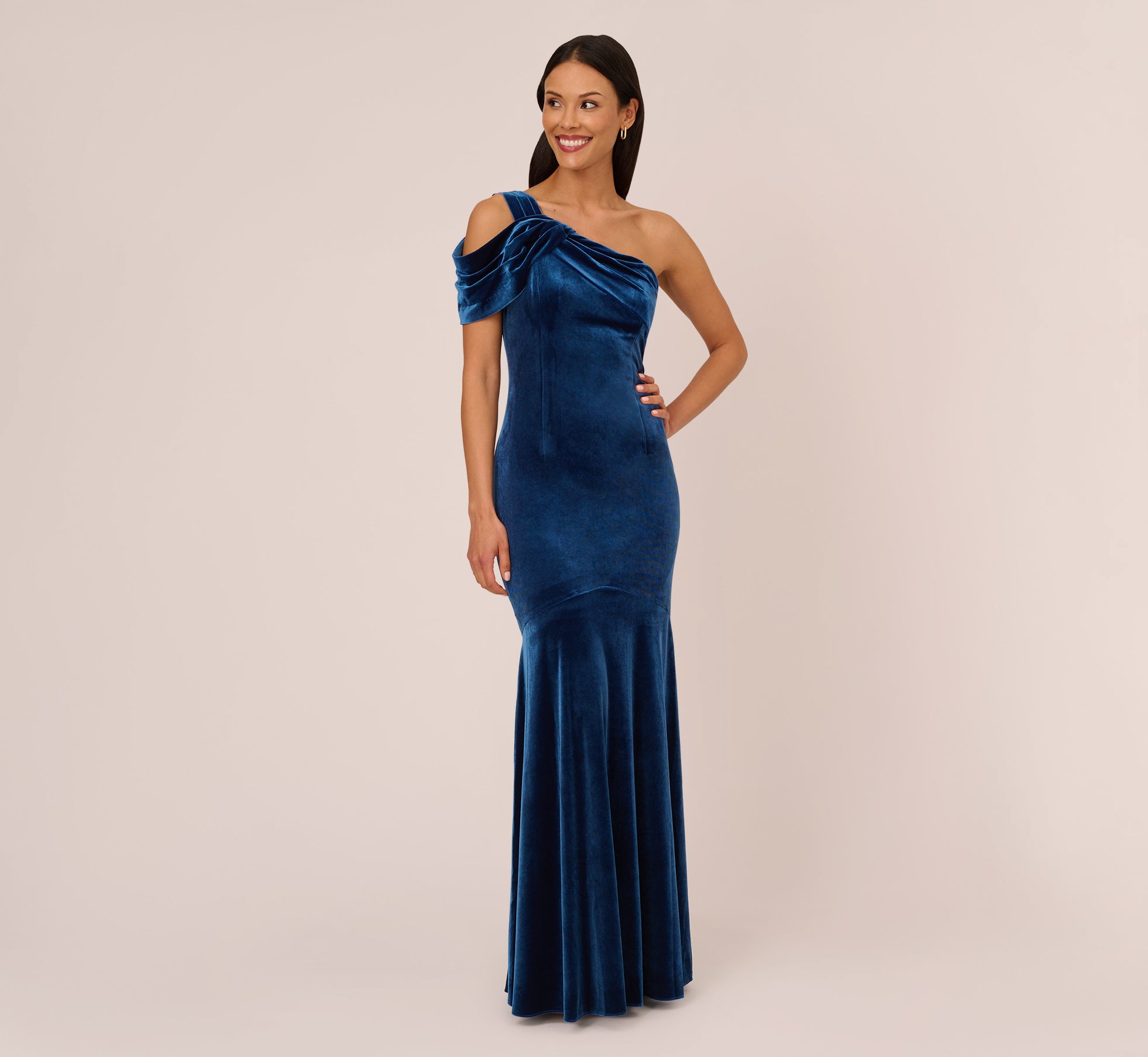 Elegant One Shoulder Velvet Mermaid Gown with Drape Sleeve - Ocean Blue Formal Dress for Evening Gala, Prom, Wedding Guest & Special Occasions