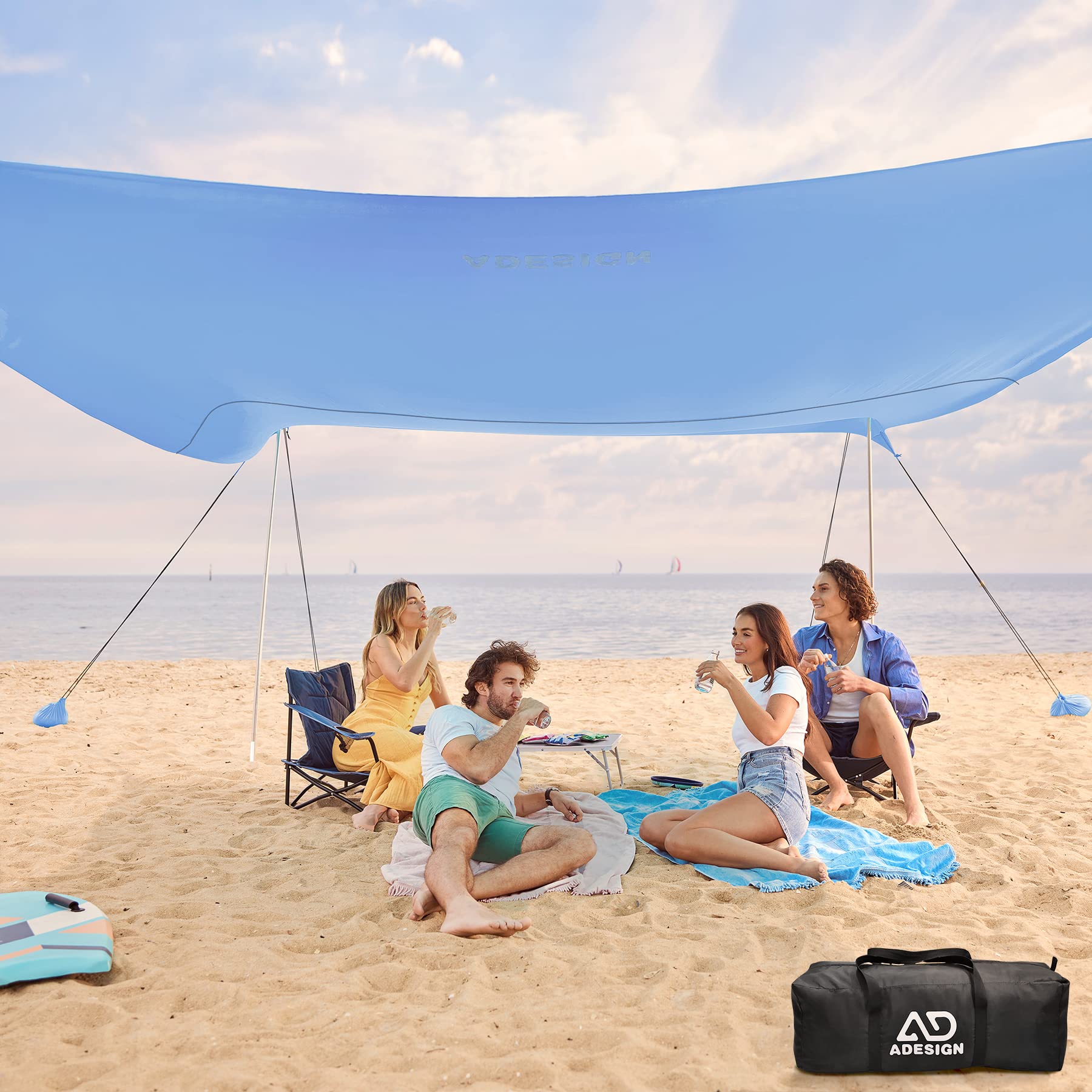ADesign 10x10 ft Windproof Beach Tent with 8 Sandbags & Sand Shovel - UPF50+ Sun Shelter for Family, Easy Setup Sun Shade for Beach Vacation - Perfect for Picnics, Camping, and Outdoor Adventures