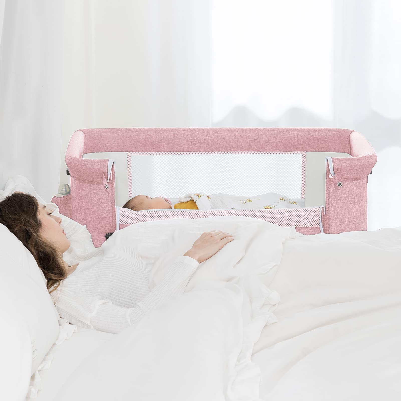Ihoming Baby Bassinet Bedside Sleeper - Adjustable Folding Crib with Storage Basket for Newborns & Infants | Portable Nursery Bed for Bedroom, Travel & Home Use (Pink)