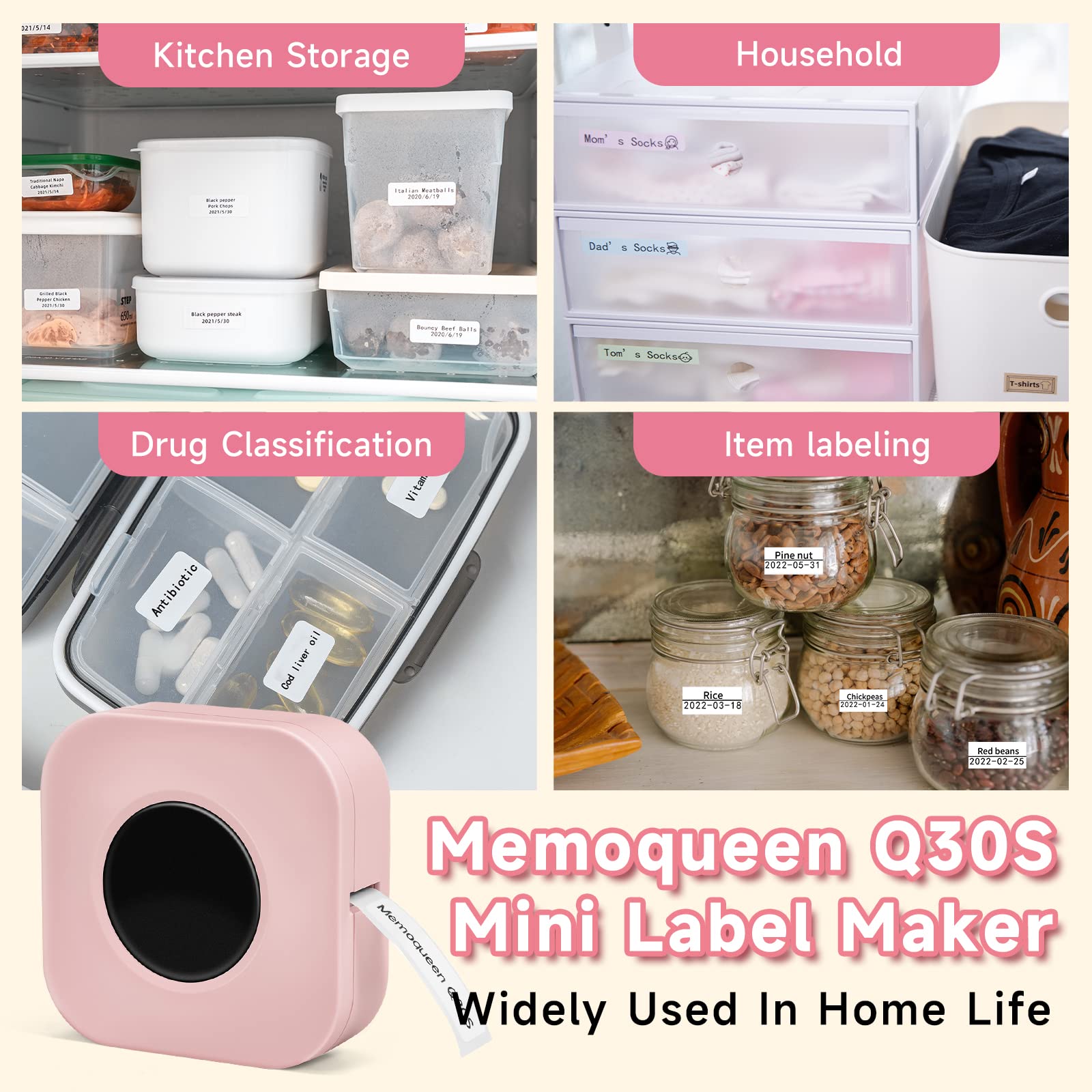 Memoqueen Q30S Bluetooth Label Maker Machine - Handheld Thermal Sticker Printer with 3 Tapes, Multiple Templates & Rich Icons for Home Office Organization (Pink) | Perfect for Shipping Labels, Pantry Organization & Craft Projects