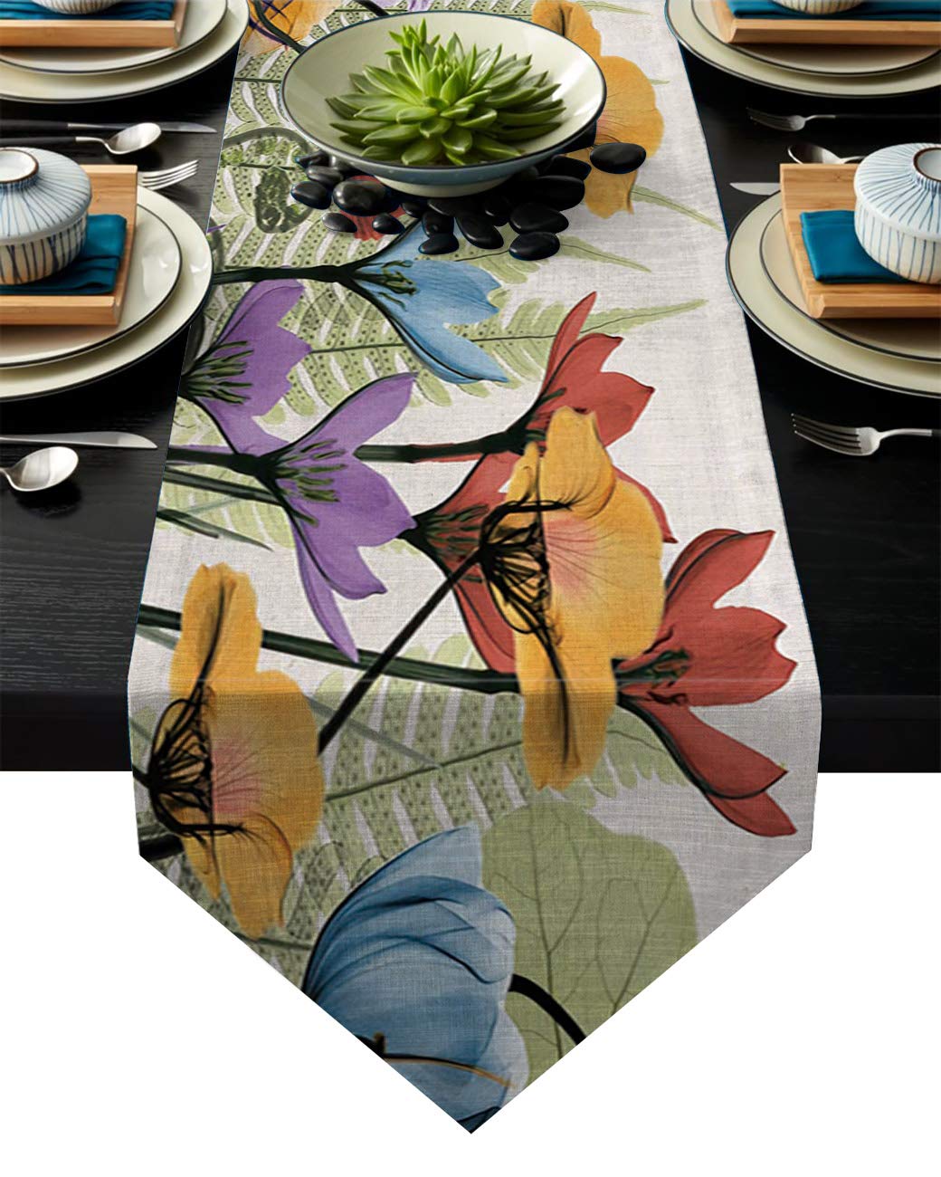 Hand Painted Floral Linen Table Runner - 13x70 Inch for Wedding & Party Decor