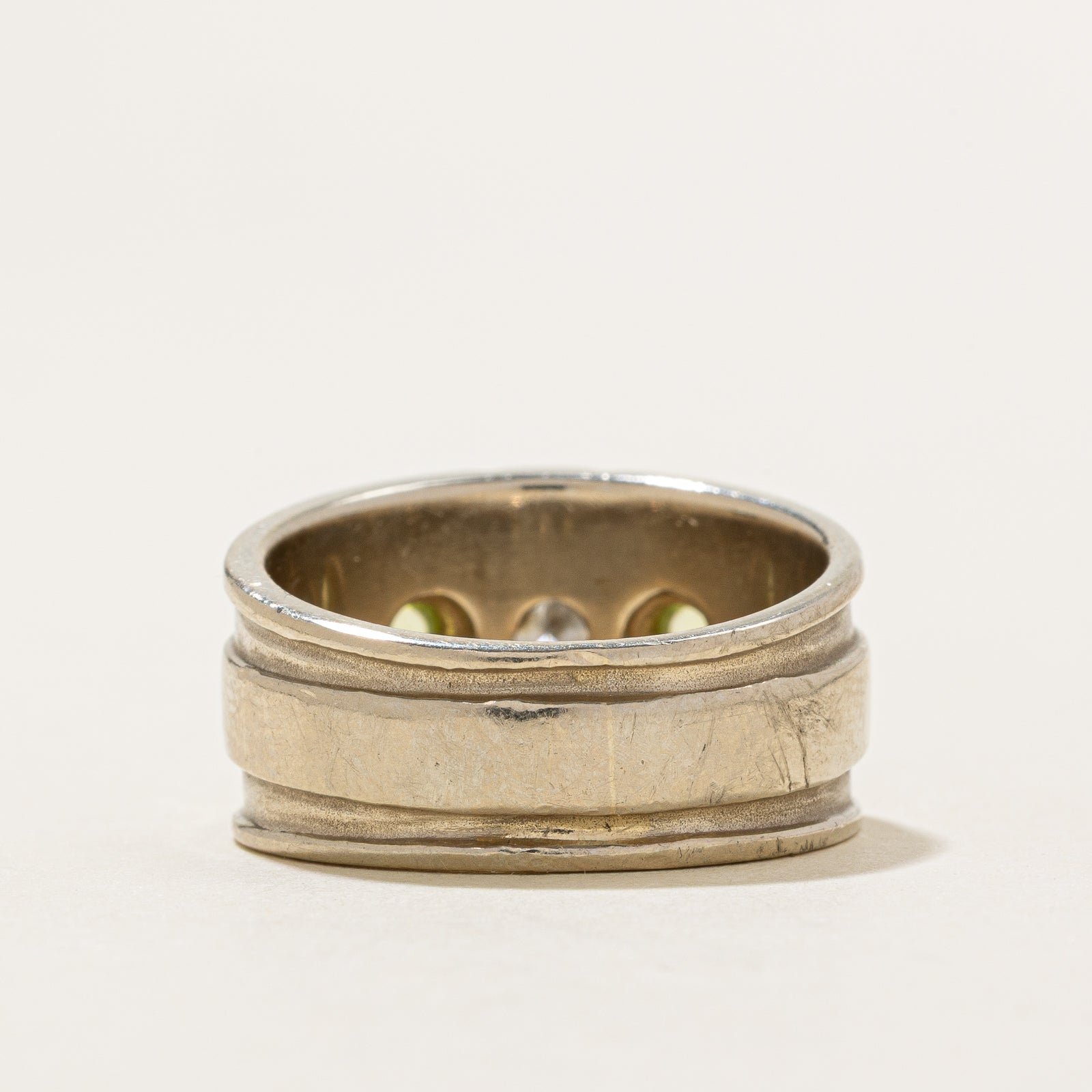 Bezel Set Diamond & Peridot Cigar Band Ring - 0.37ct Diamond, 0.24ctw Peridot - Size 8.5 - Elegant Wedding Band, Anniversary Gift for Her, Unique Statement Jewelry for Special Occasions