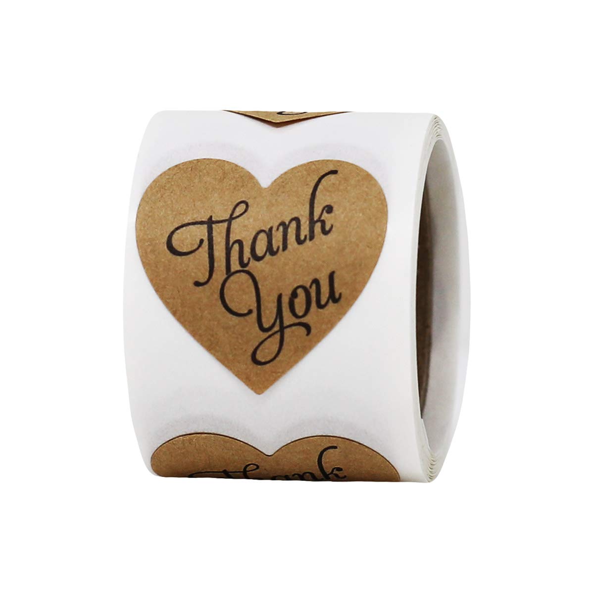 1 Inch Heart Shaped Thank You Stickers - Natural Kraft Paper Adhesive Labels, Small Roll of 50 - Perfect for Packaging, Gift Wrapping, and Business Branding