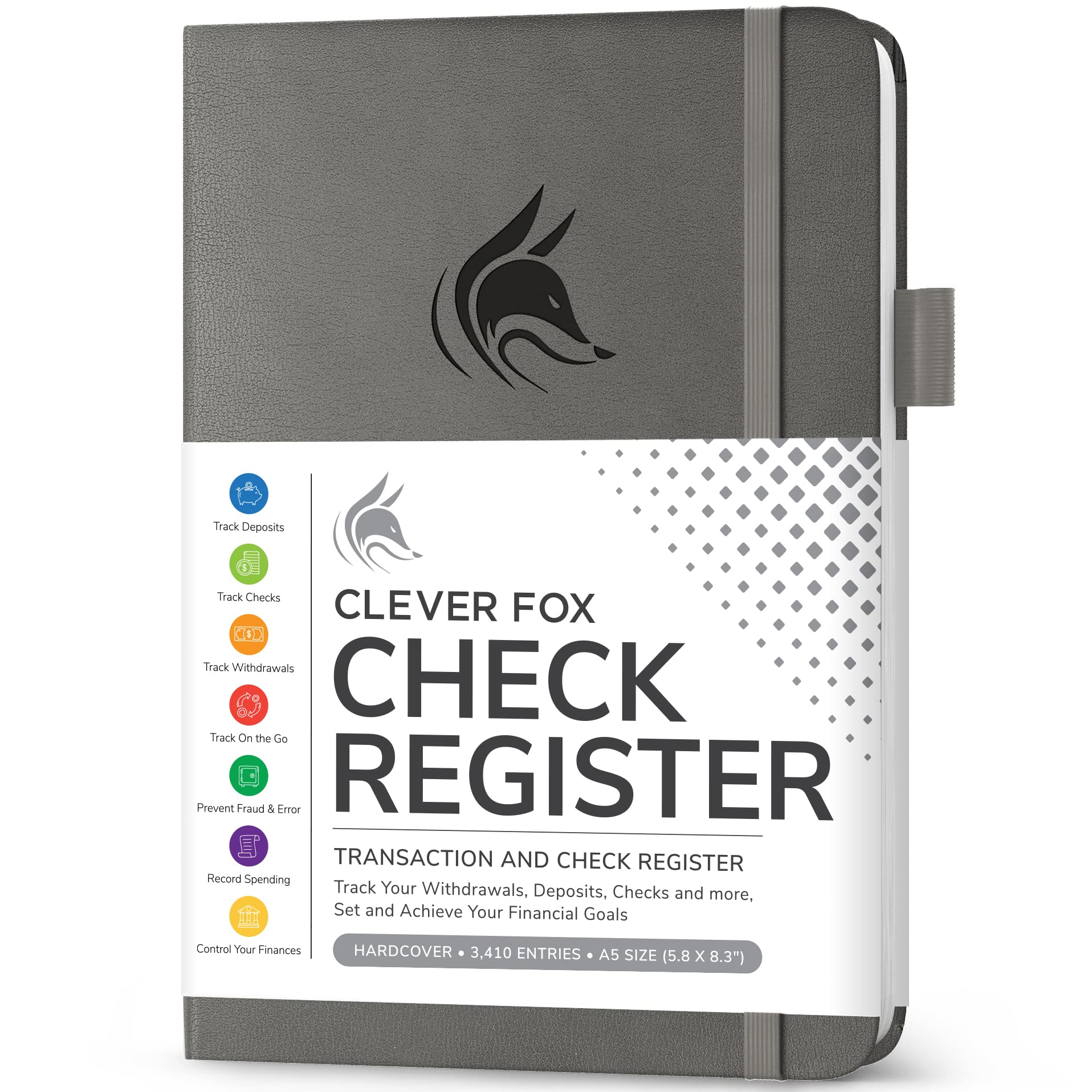 Clever Fox Deluxe Check Register Book - A5 Hardcover Accounting Ledger for Personal & Business Transactions | Perfect for Budget Tracking, Expense Management & Financial Organization (Gray)