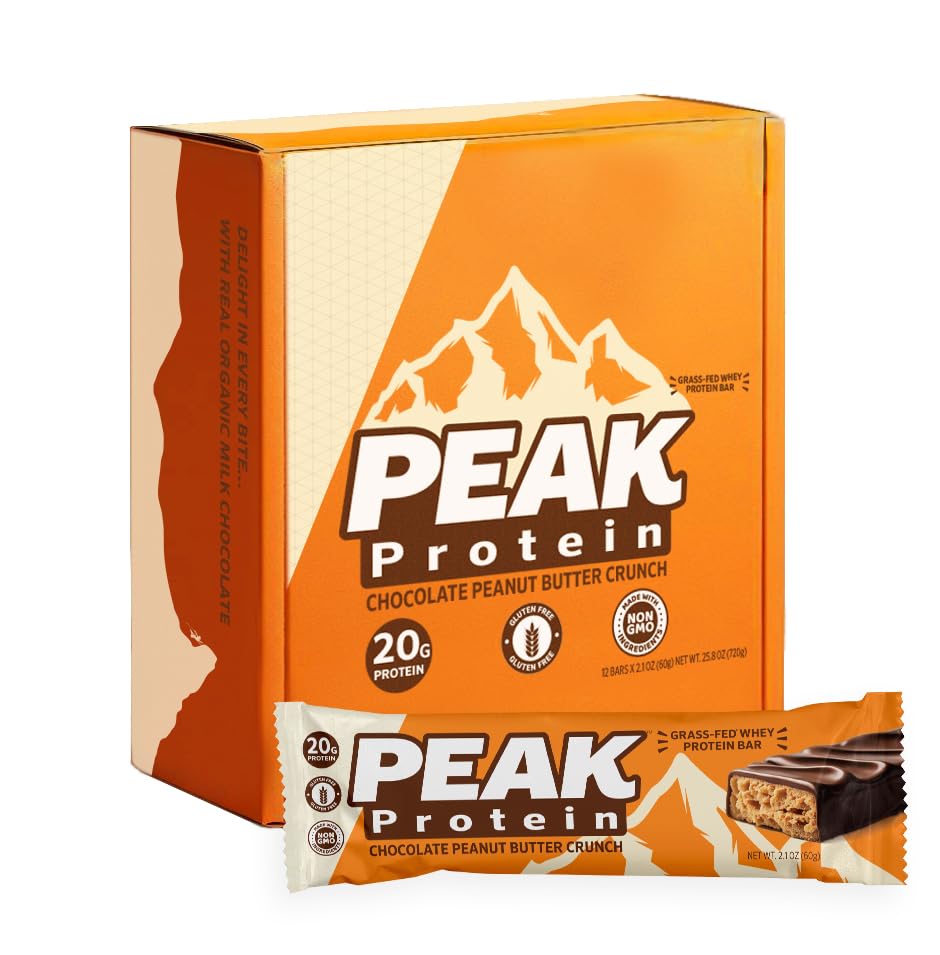 Grass-Fed Whey Protein Bars - Chocolate Peanut Butter Crunch - 20G Protein - Non-GMO, Gluten Free, Organic Milk Chocolate (12 Count) - Perfect for Post-Workout Recovery & Healthy Snacking On-The-Go