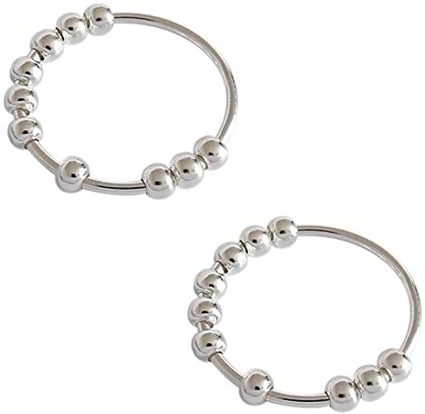 2-Piece Anxiety Sliding Bead Ring Set - S990 Sterling Silver Stress Reliever Spinner Ring with Simple Geometric Beads for Women & Girls (Medium) - Perfect for Anxiety Relief, Office Stress, Meditation & Everyday Wear
