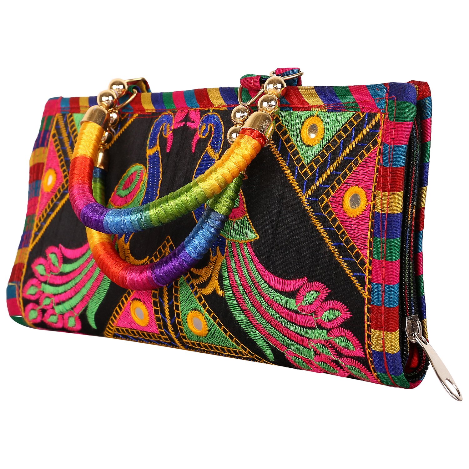 Handmade Rajasthani Jaipuri Embroidered Mirror Work Clutch Bag for Women - 13x25cm Ethnic Purse for Girls, Perfect for Weddings & Evening Parties