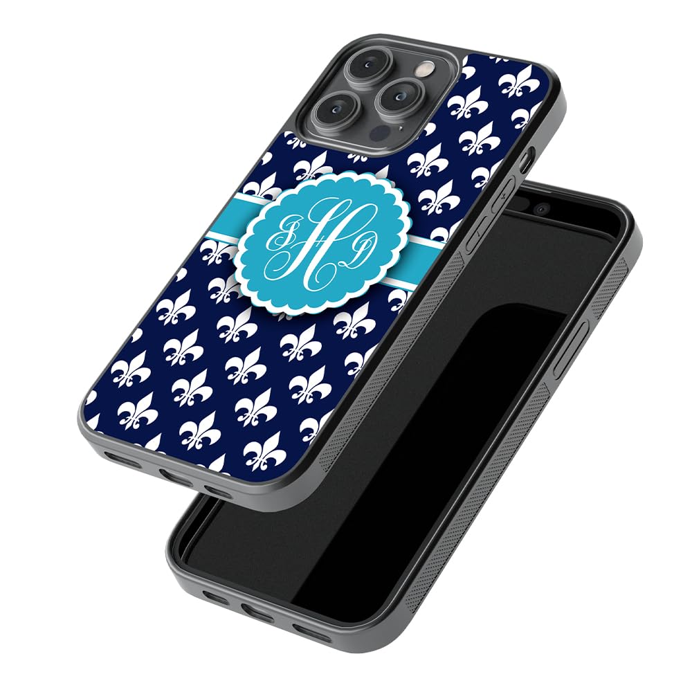 French Fleur De Lis Blue Monogram Black Rubber Phone Case for iPhone 16/15/14/13/12 Pro Max & Plus | Personalized Protection | Durable Shockproof Cover for Everyday Use & Travel