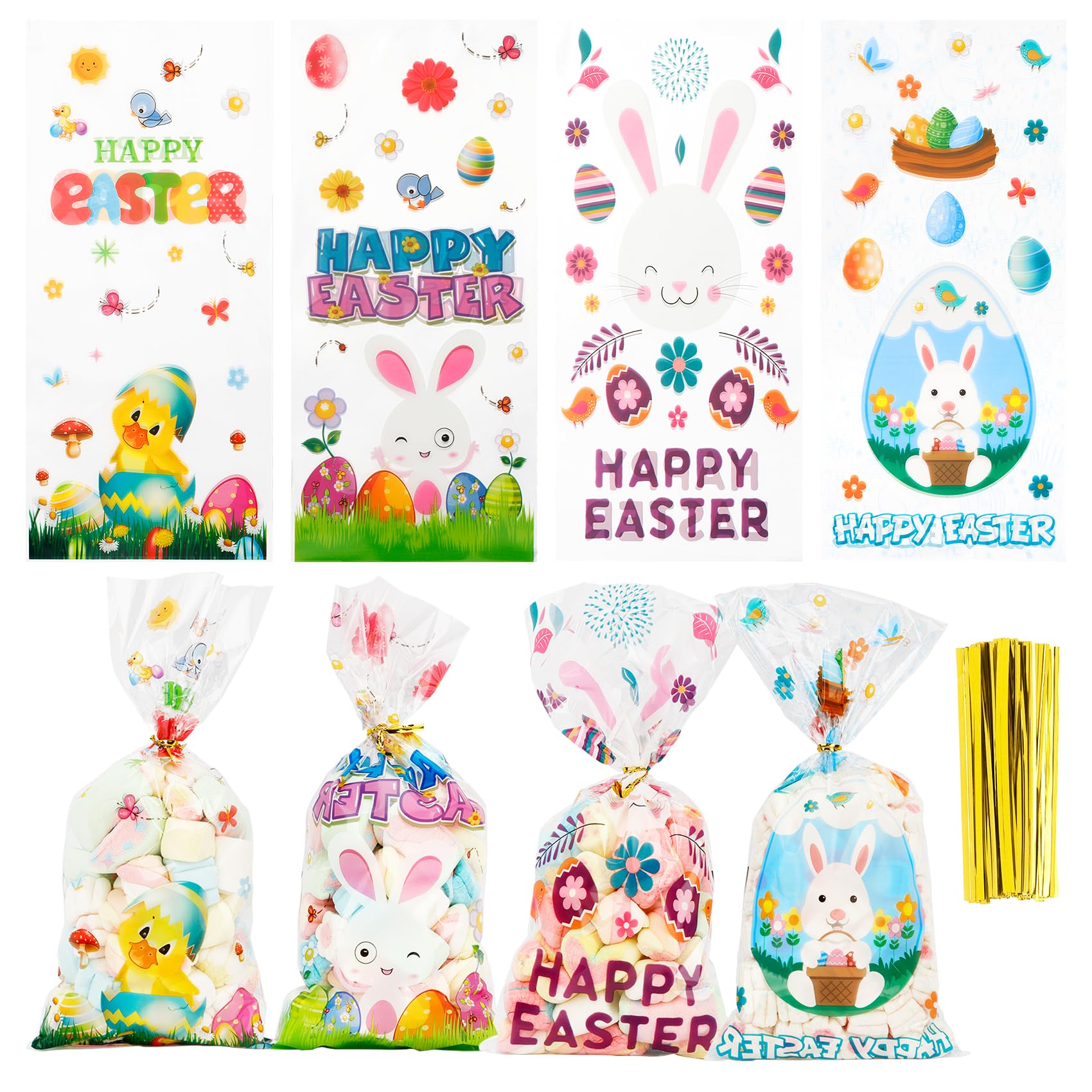 BOEIAC 100-Pack Easter Treat Bags - 4 Assorted Styles Cellophane Goodie Bags with Gold Twist Ties for Candy, Cookies & Party Favors - Perfect for Easter Celebrations, Classroom Treats & Gift Exchanges