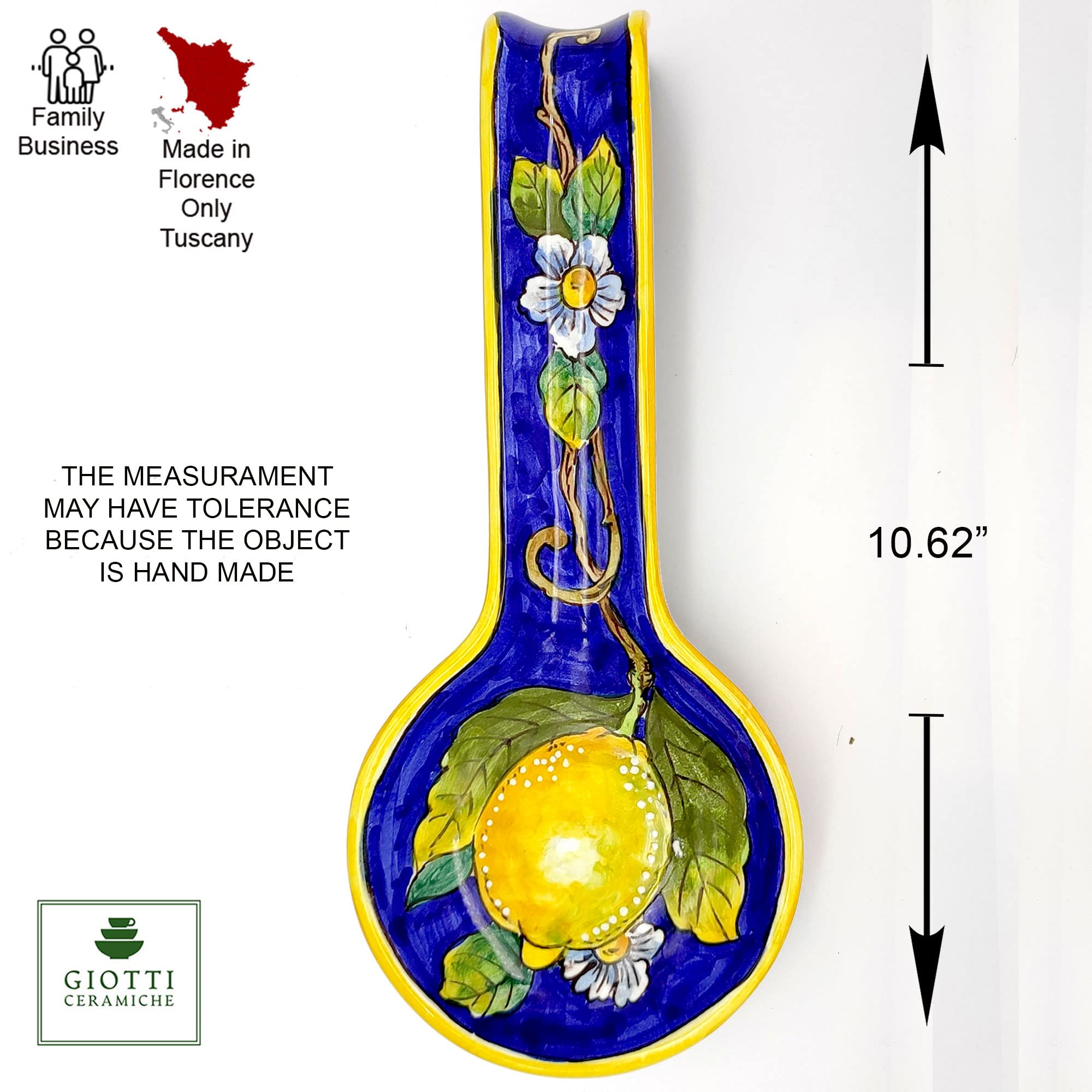 Italian Ceramic Spoon Rest for Kitchen Countertop - Hand Painted Lemon Blue Decor by Giotti Ceramiche - Made in Italy Tuscany - Stovetop Spoon Holder & Home Decor Pottery - Perfect for Cooking, Serving, and Kitchen Organization