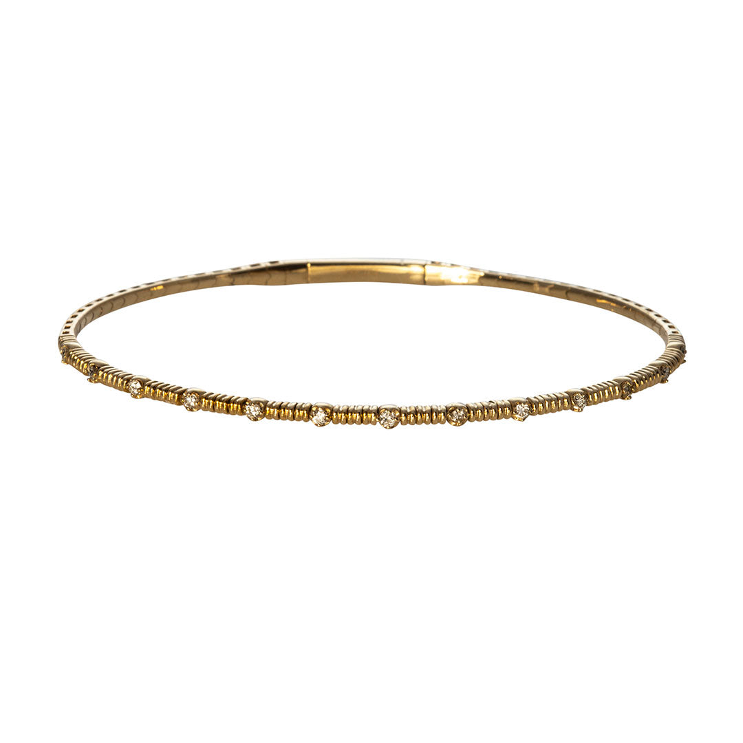 14K Yellow Gold Diamond Station Ribbed Flexible Bangle Bracelet for Women - Perfect for Weddings, Parties & Everyday Elegance