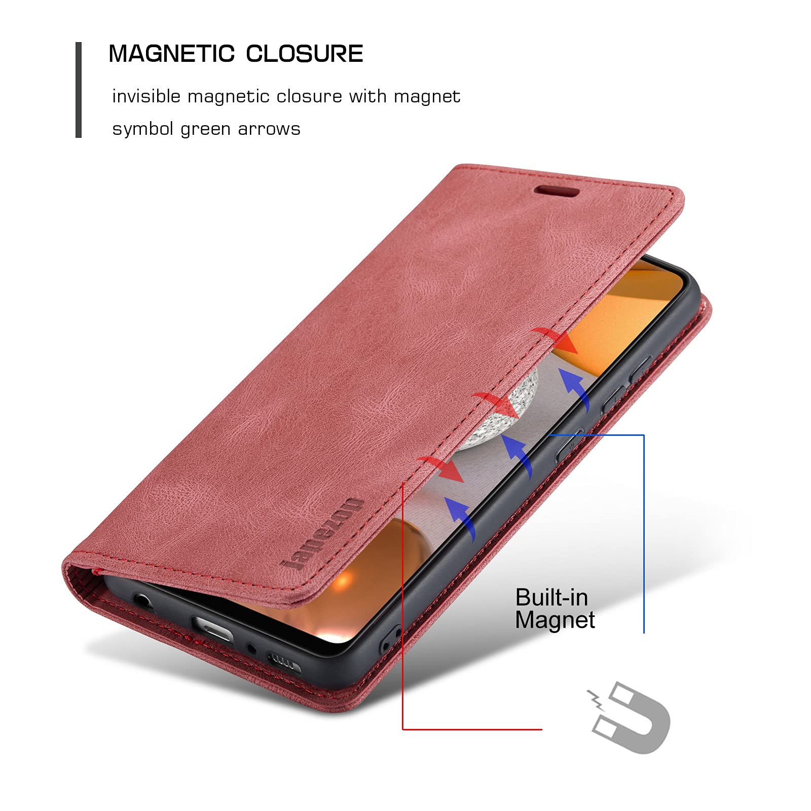 Samsung Galaxy A42 5G Leather Wallet Case with RFID Blocking, Card Holder & Kickstand - Magnetic Flip Cover for 6.6 Inch Phone (Red) - Perfect for Travel, Work & Everyday Protection