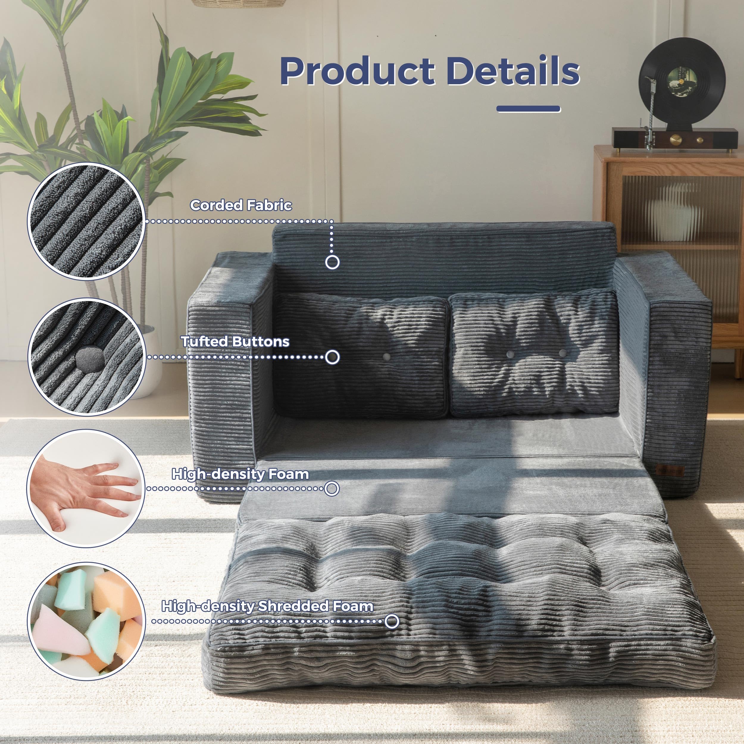 MAXYOYO Convertible Sofa Bed - Corduroy Floor Couch for Small Spaces | Dark Grey Convertible Sleeper Sofa | Perfect for Guest Room, Studio Apartments & Dorm Living