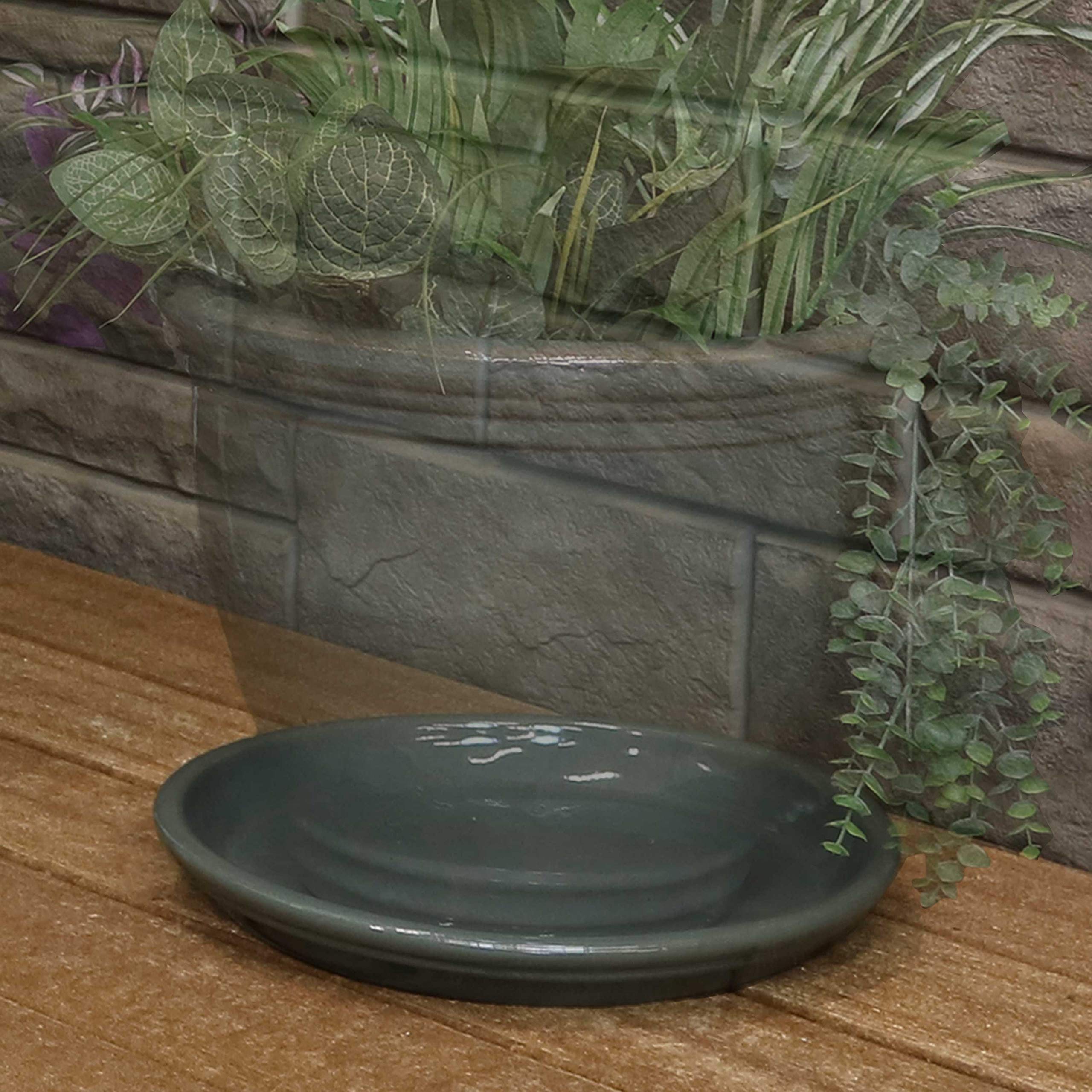 Sunnydaze 12-Inch Ceramic Outdoor Flower Pot Saucers Set of 4 - UV & Frost Resistant, Gray Glazed Finish - Perfect for Garden, Patio & Deck Plant Drainage Protection