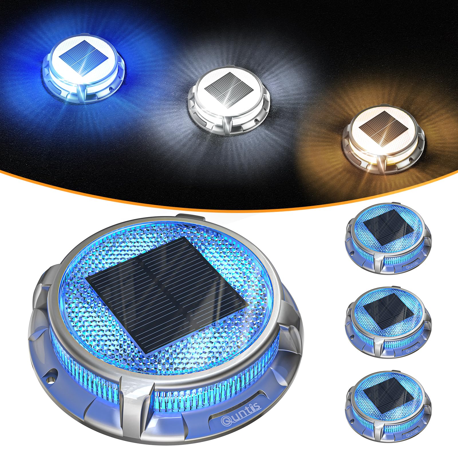 Quntis 4 Pack Solar Deck Lights for Outdoor - IP68 Waterproof, 3 Color Modes (Blue/Cool White/Warm White) - Solar Powered Pathway Lights for Driveway, Stairs, Walkway, Garden & Landscape Lighting