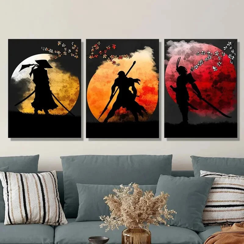 3-Piece Moon Warrior Silhouette Metal Wall Art - Epic Samurai Prints - Ready to Hang - Home & Office Decor - Perfect for Living Room, Bedroom, or Man Cave