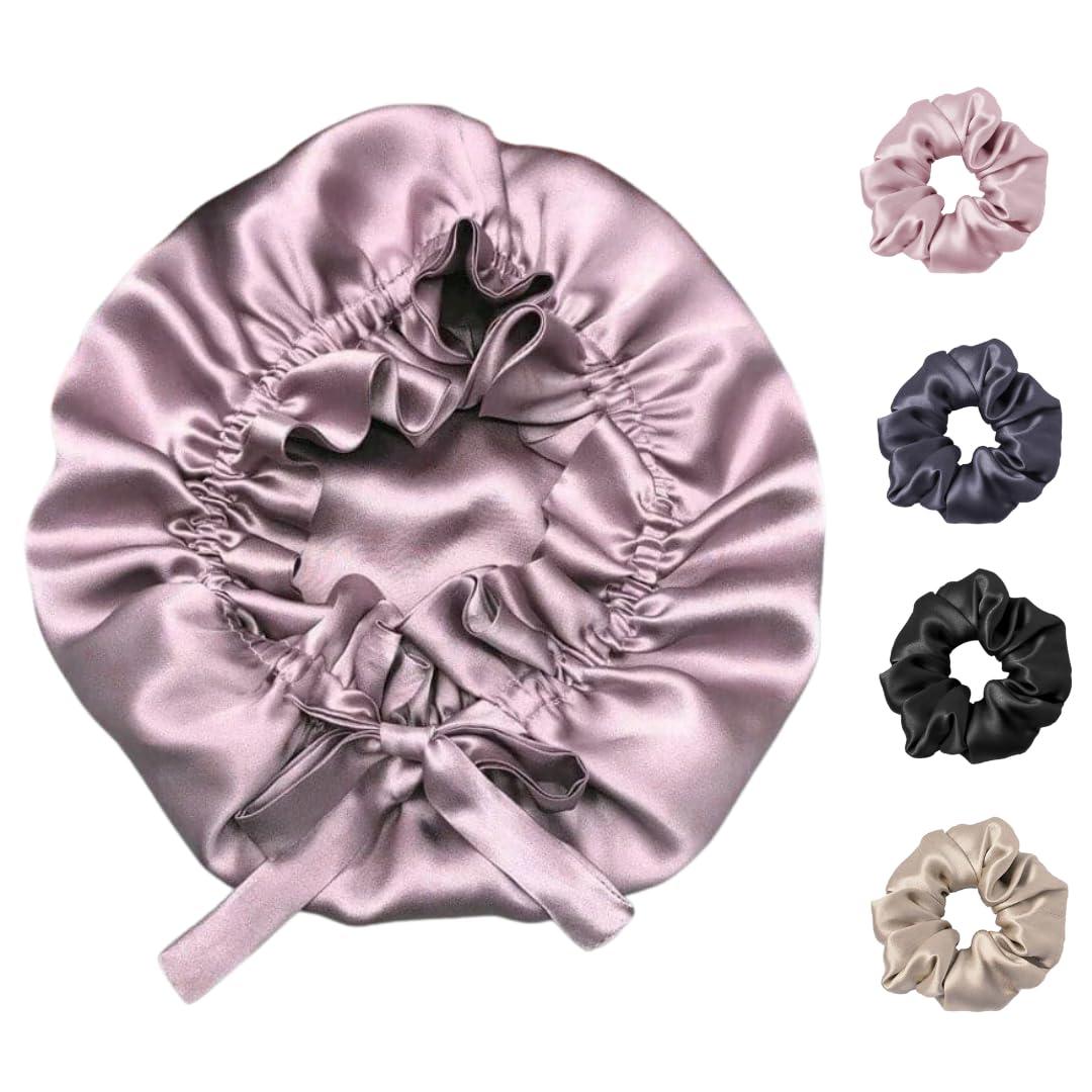 Satin Bonnet for Curly Hair with 3 Silk Scrunchies Set - Rose Taupe Silk Hair Cap for Night Protection & Styling | Perfect Gift for Women with Natural, Wavy or Damaged Hair | Great for Sleeping, Travel & Salon Visits