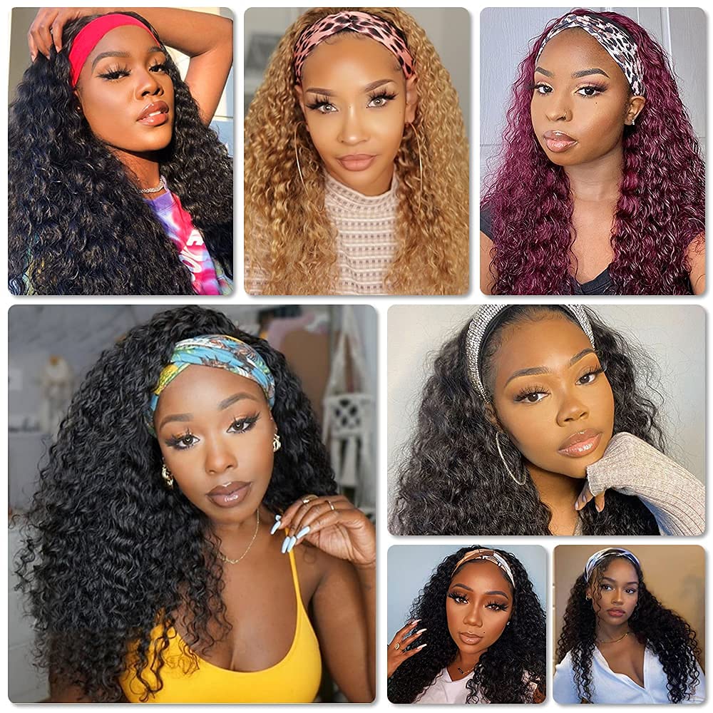 Rebasar Deep Wave Headband Wig - 26 Inch Brazilian Virgin Human Hair Curly Wig for Black Women | Glueless No Lace Front | 150% Density Natural Black | Perfect for Daily Wear, Parties & Protective Styling
