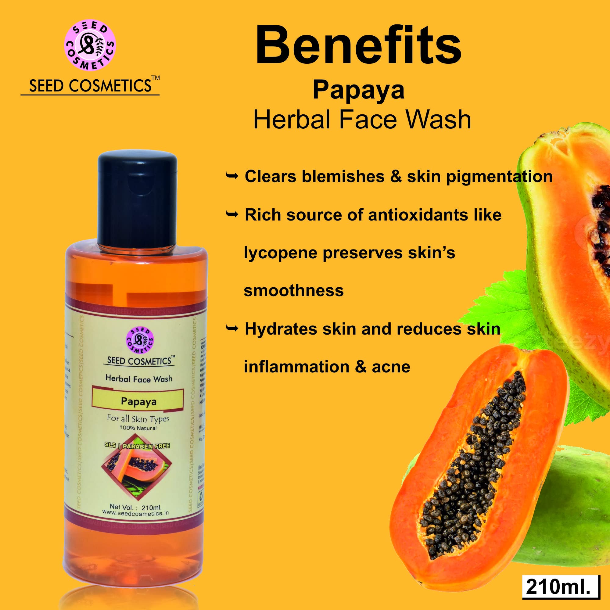 Seed Cosmetics Papaya Face Wash 210g - Brightening & Glowing Skin Formula, Dark Spot & Pigmentation Remover - SLS & Paraben Free - Pack of 1 - Perfect for Daily Skincare Routine & Acne-Prone Skin