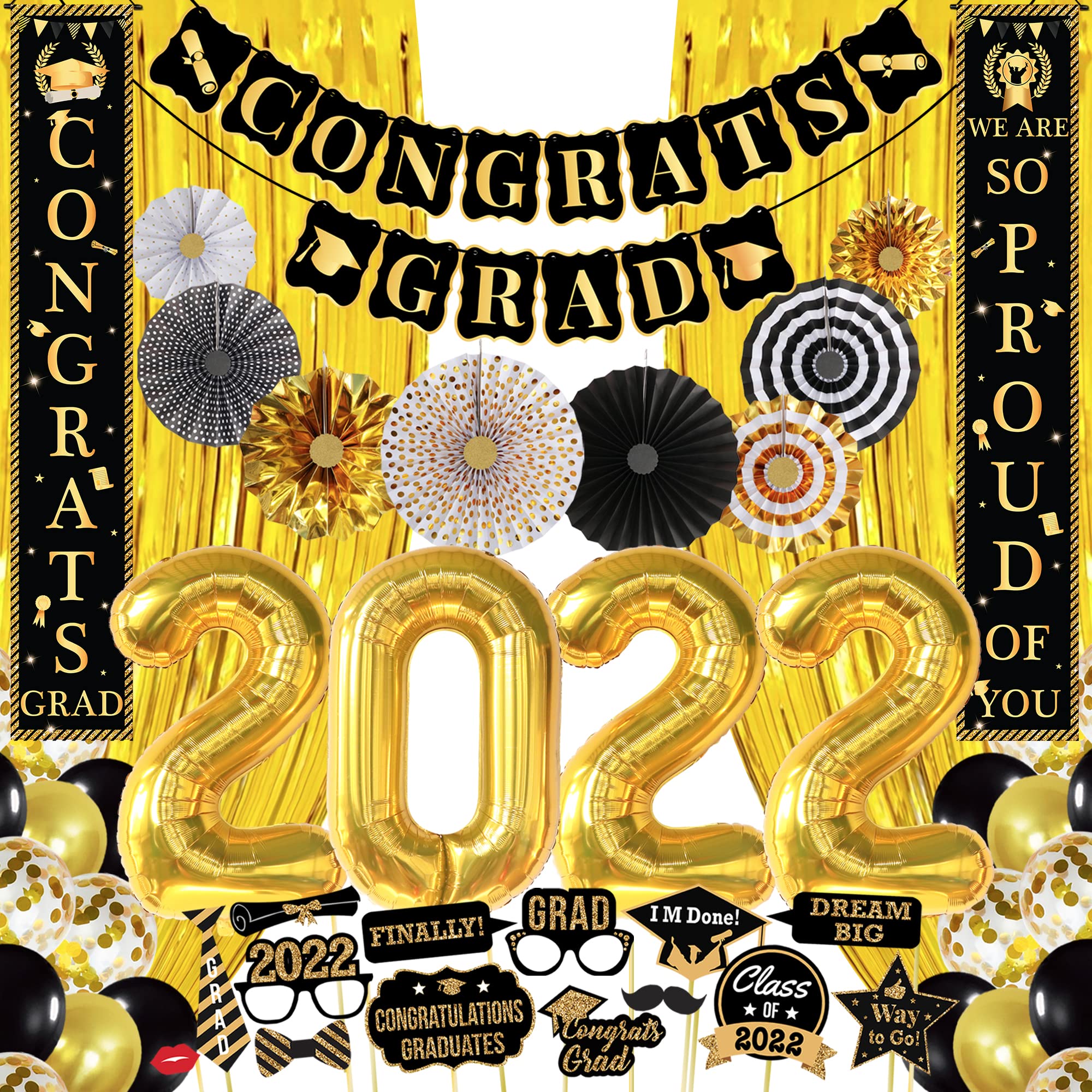 2022 Graduation Party Decorations Pack - 63-Piece Set with 'We Are So Proud of You' Banner, Photo Booth Props, Gold Foil Fringe & Paper Fans | Black & Gold Theme for High School & College Graduation Ceremonies, Cap & Gown Celebrations