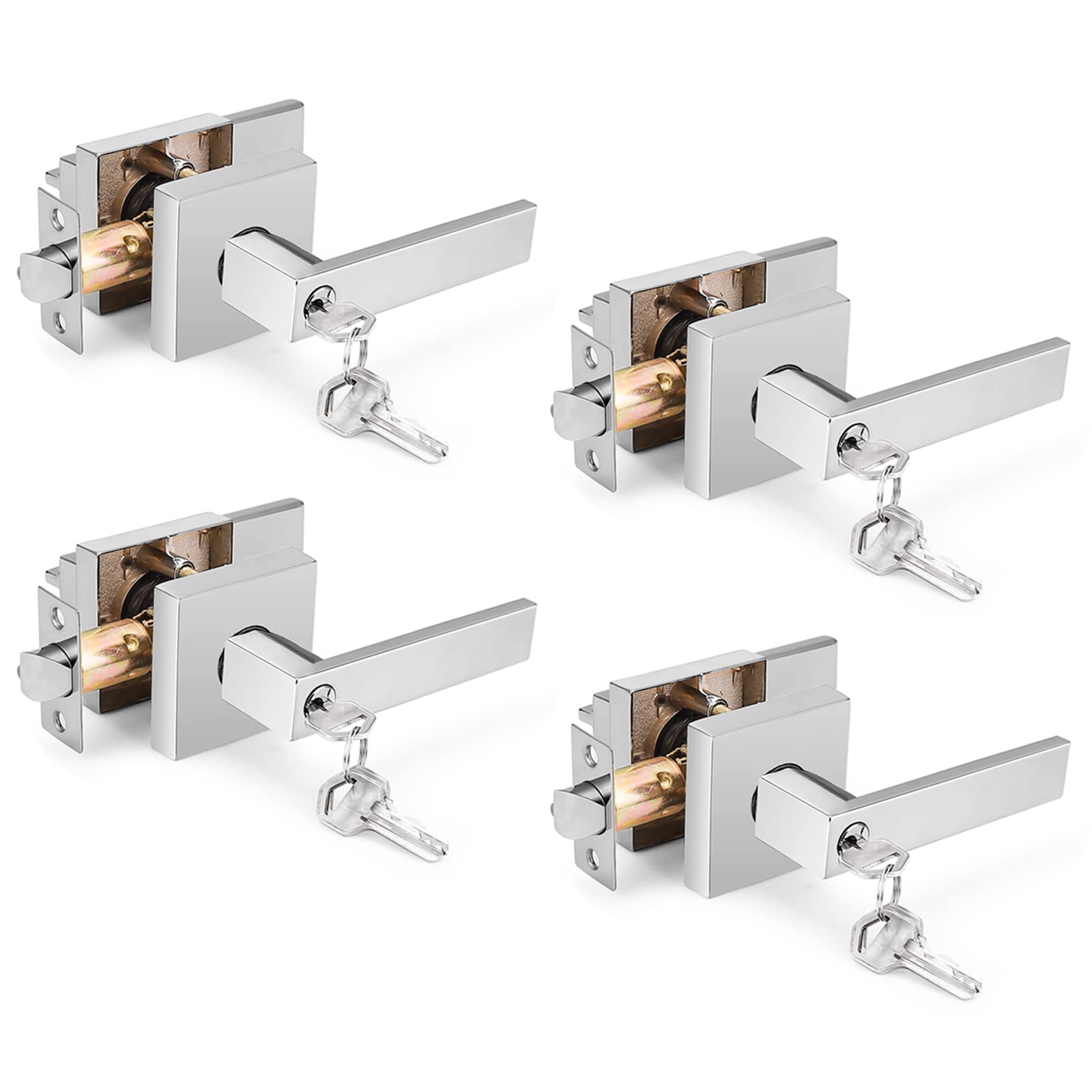 Gobrico 4 Pack Keyed Alike Square Entry Door Lever Locks - Polished Chrome Finish - Same Key for All - Perfect for Home, Office, and Commercial Security