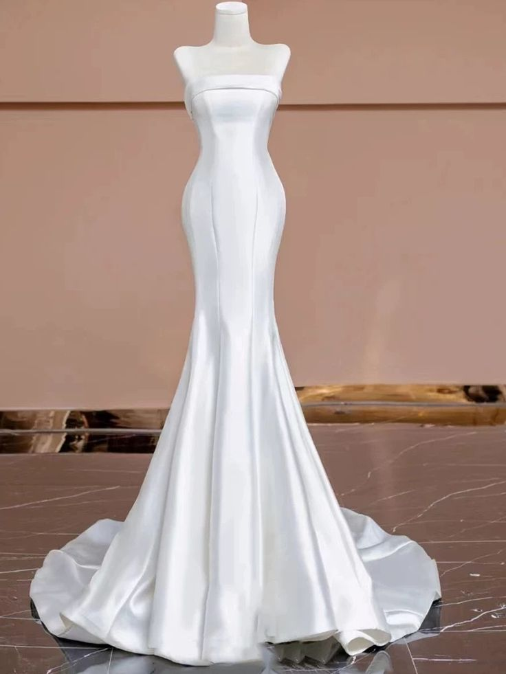 Elegant Mermaid Strapless Satin White Wedding Dress J4421 - Perfect for Beach Weddings, Vow Renewals & Formal Evening Ceremonies