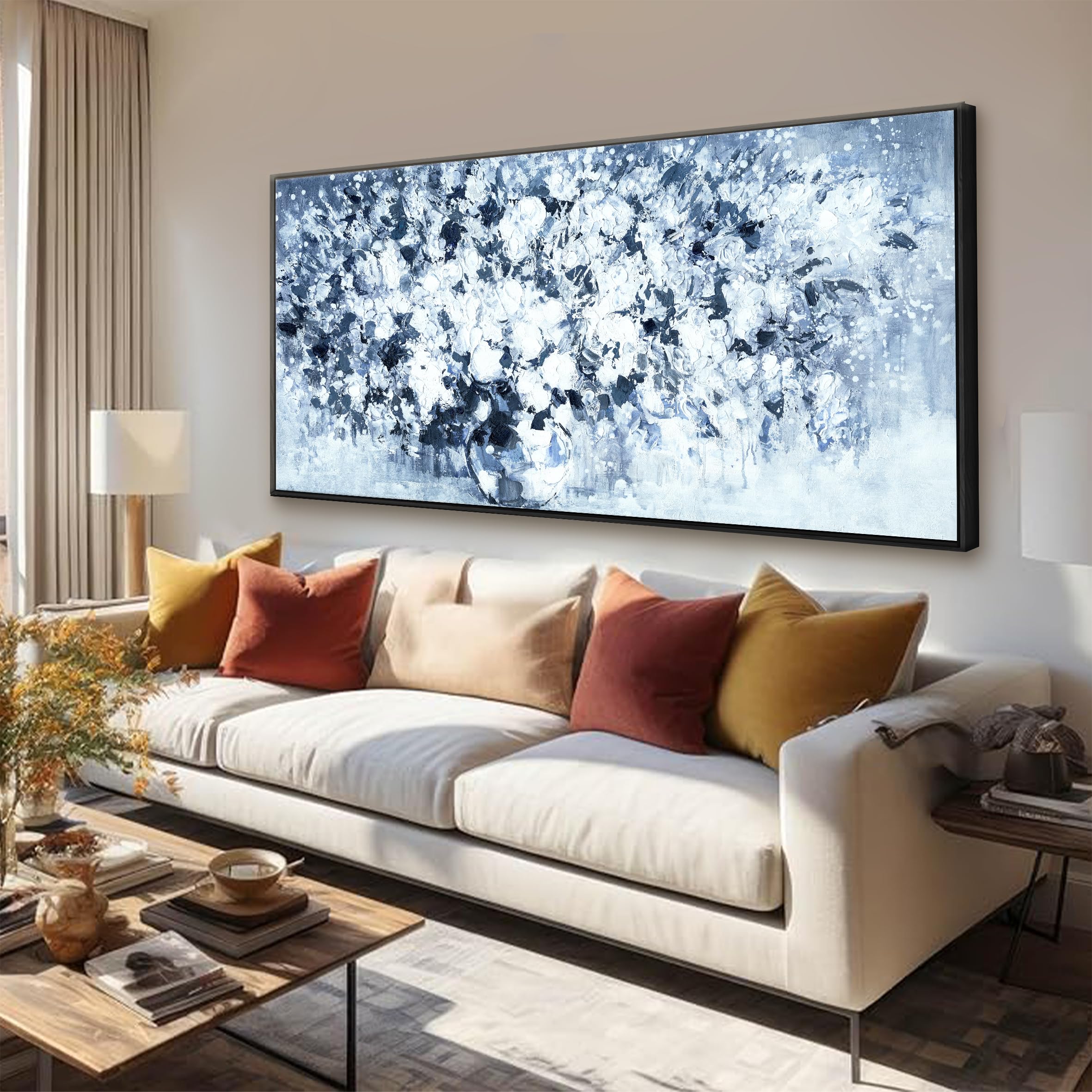 Large Canvas Wall Art Decor - Blue and White Floral Framed Wall Pictures for Living Room, Bedroom, Office, Kitchen - 29 x 58 Inch Home Wall Decor