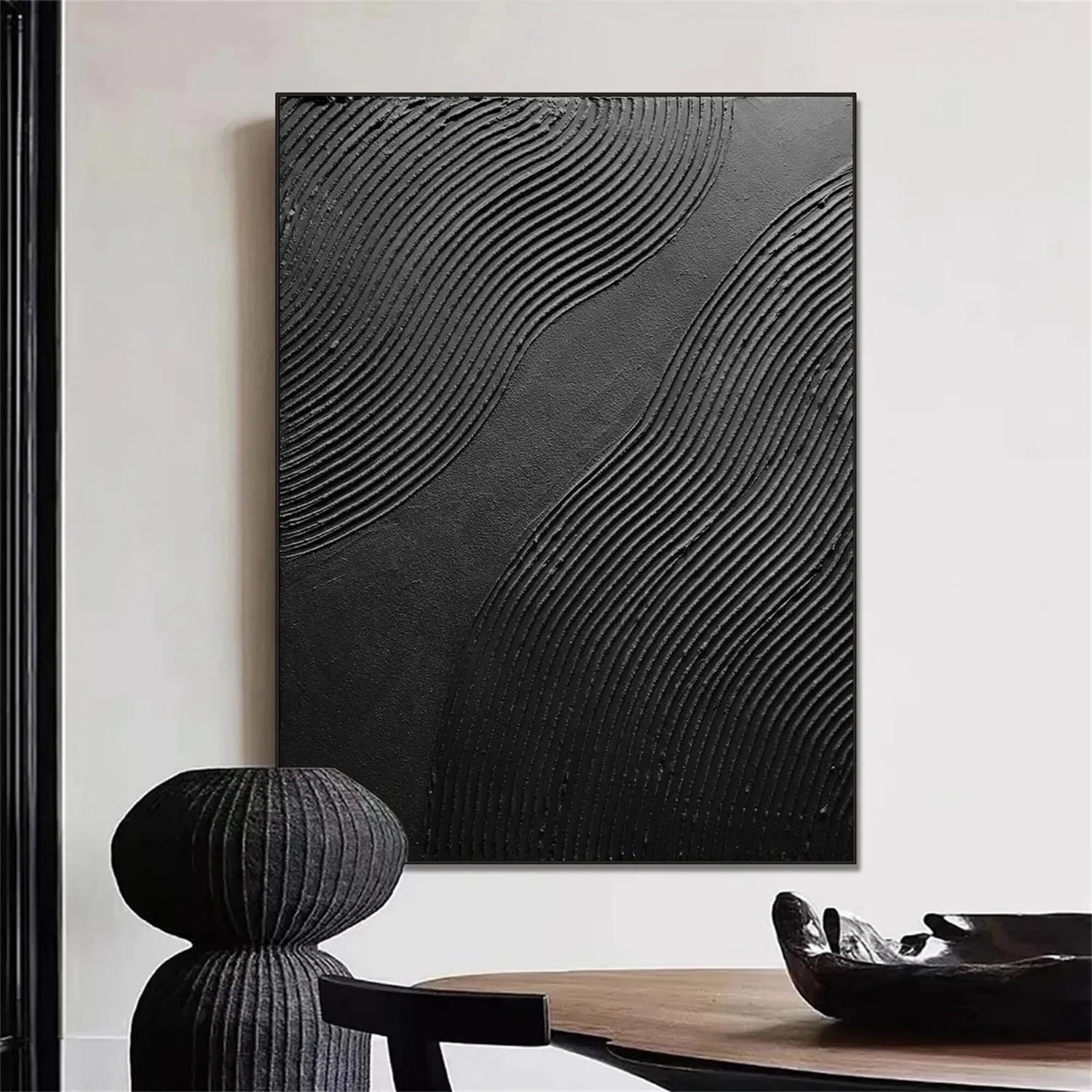 Black Minimalist Textured Painting Canvas #MZ103 - Modern Abstract Wall Art for Living Room, Bedroom & Office Decor
