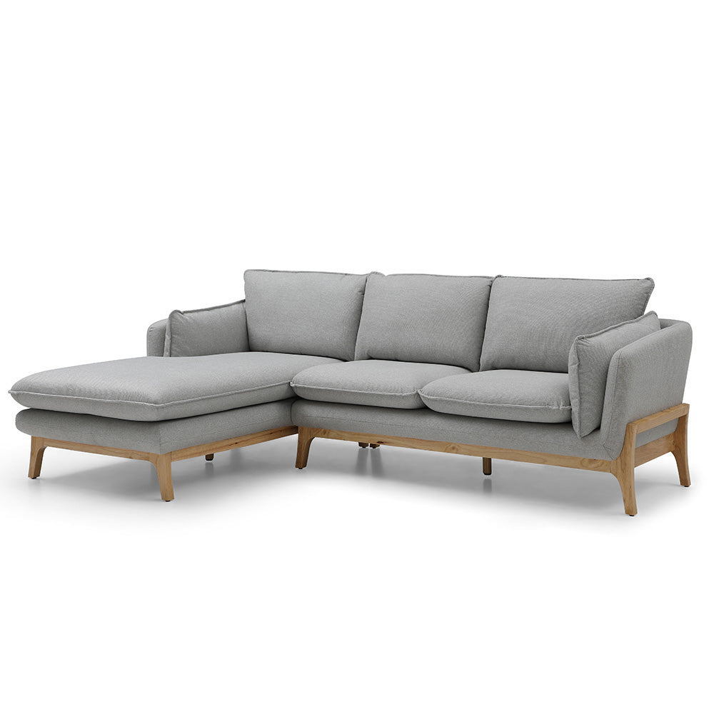 BRONTE 3-Seater Sofa with Left Chaise in Light Grey & Oak - Modern Living Room Furniture for Small Spaces & Apartments