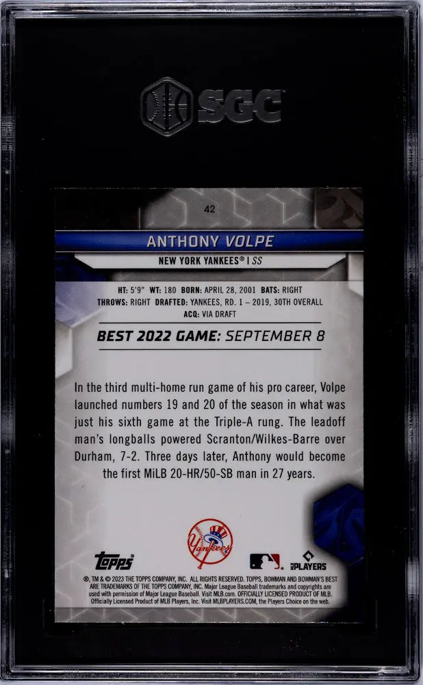 2023 Bowman's Best Baseball Anthony Volpe Rookie Card RC SGC 9.5 Gem Mint - Perfect for Collectors & Investors | Display in Your Sports Memorabilia Collection