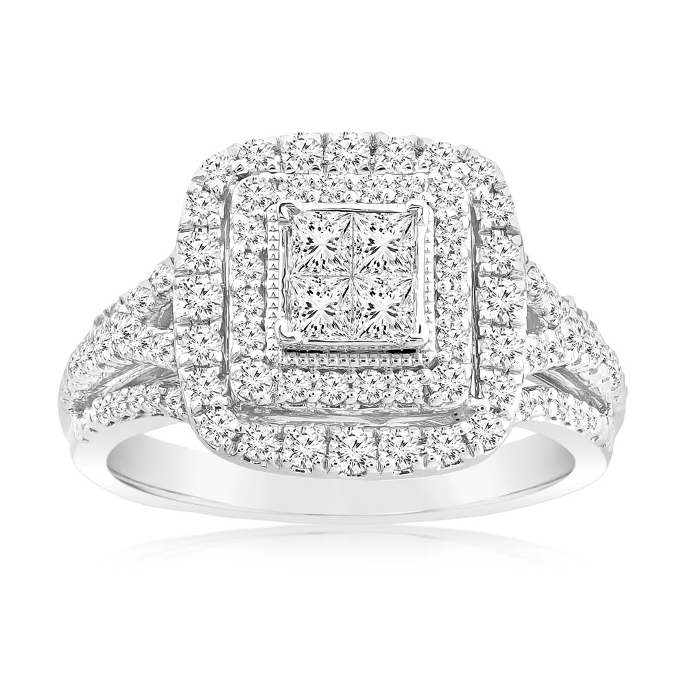 0.95 Carat Diamond Cushion Cluster Ring in 14K White Gold - Elegant Engagement & Wedding Ring for Women - Perfect for Proposals, Anniversaries and Special Occasions